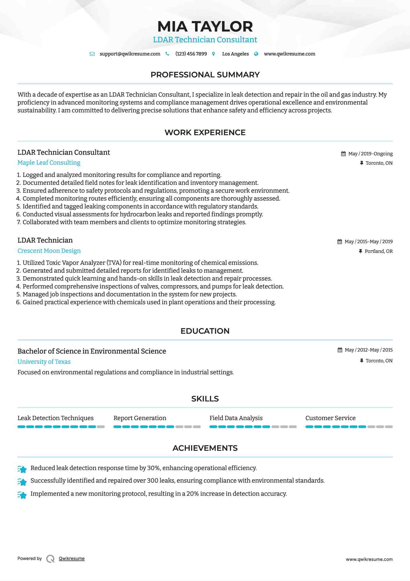 LDAR Technician Consultant Resume Model