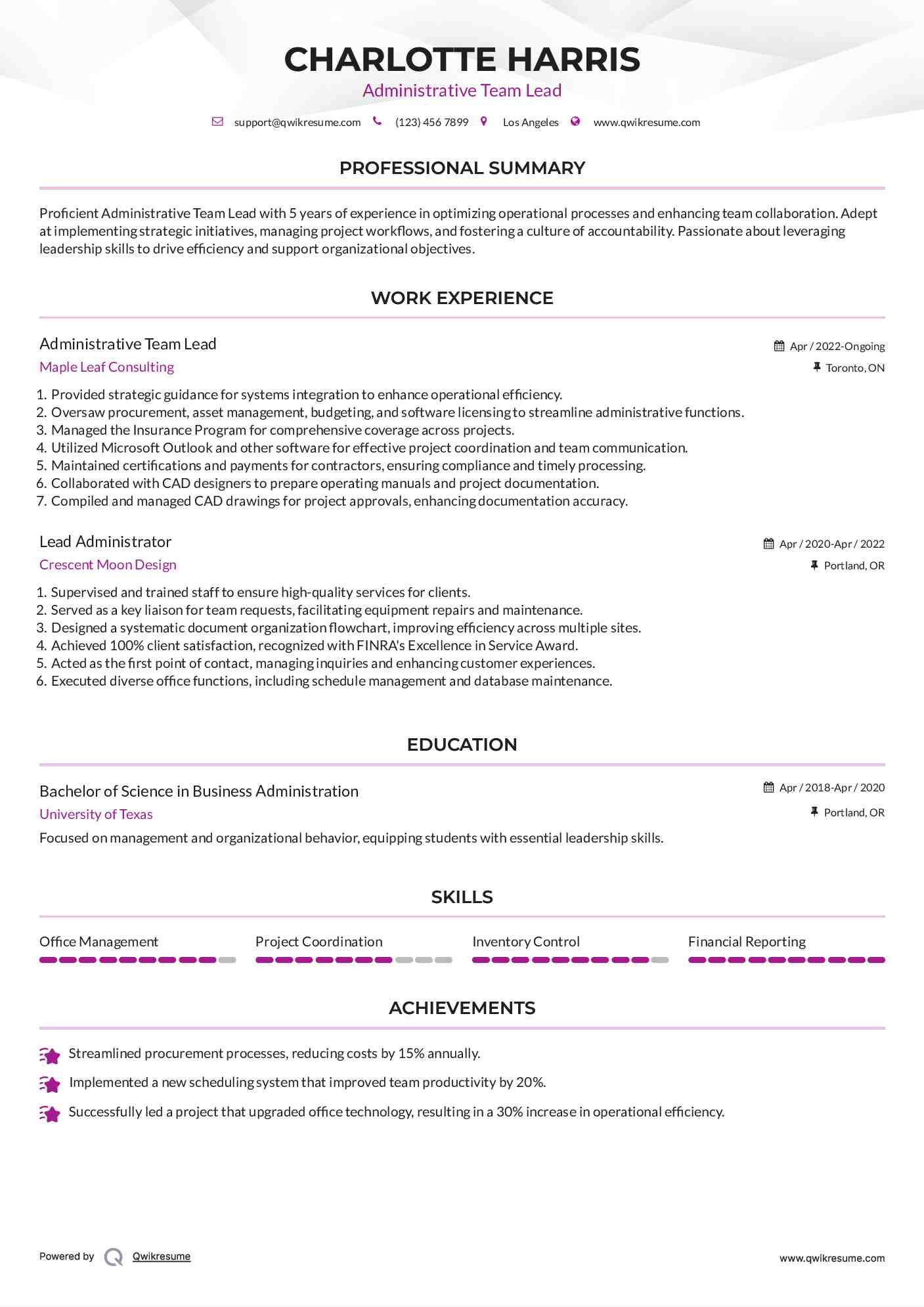 Administrative Team Lead Resume Model