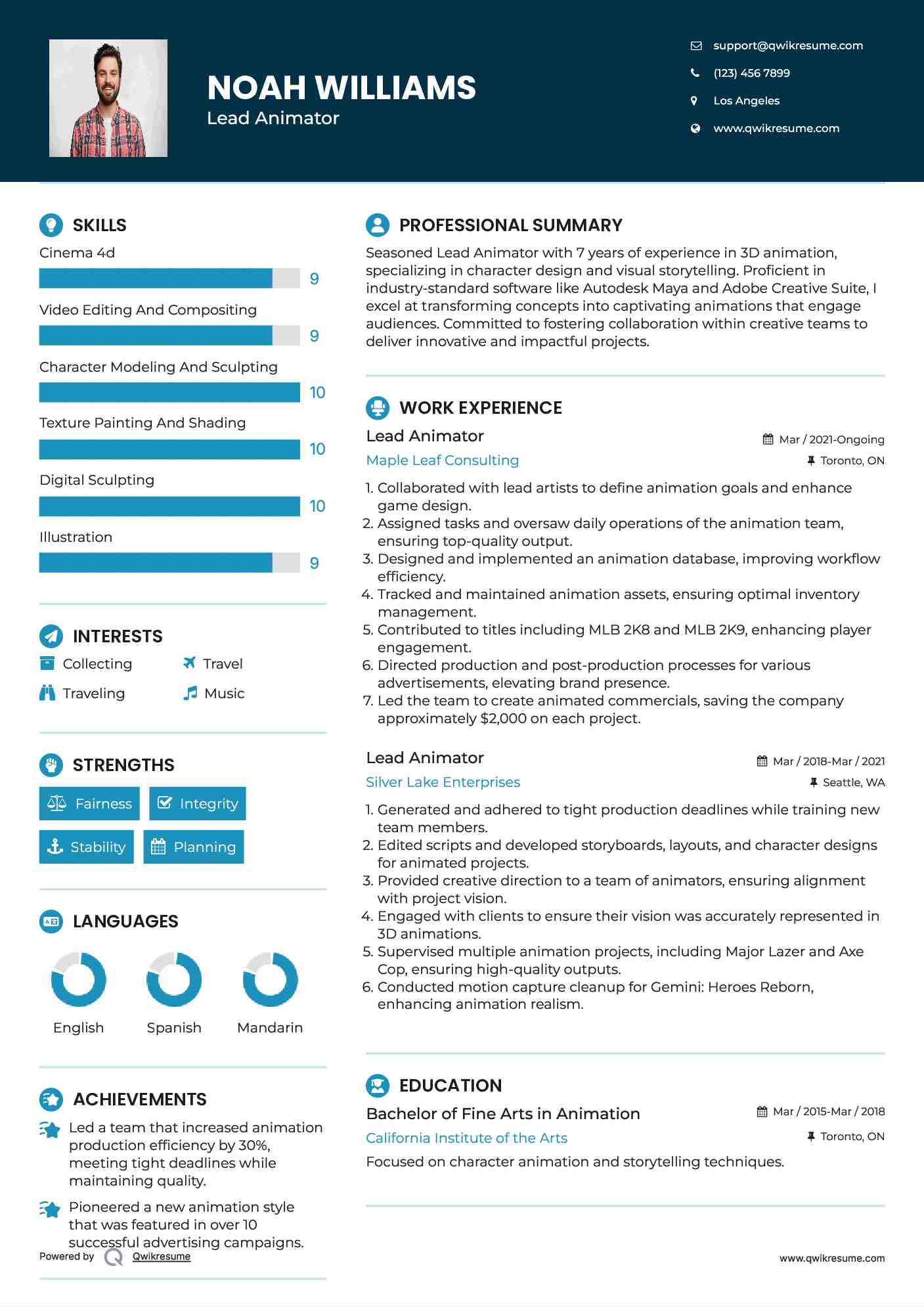 Lead Animator Resume Model