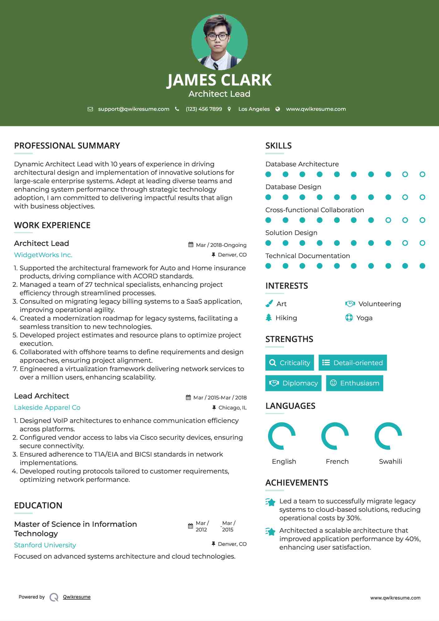 Architect Lead
 Resume Example