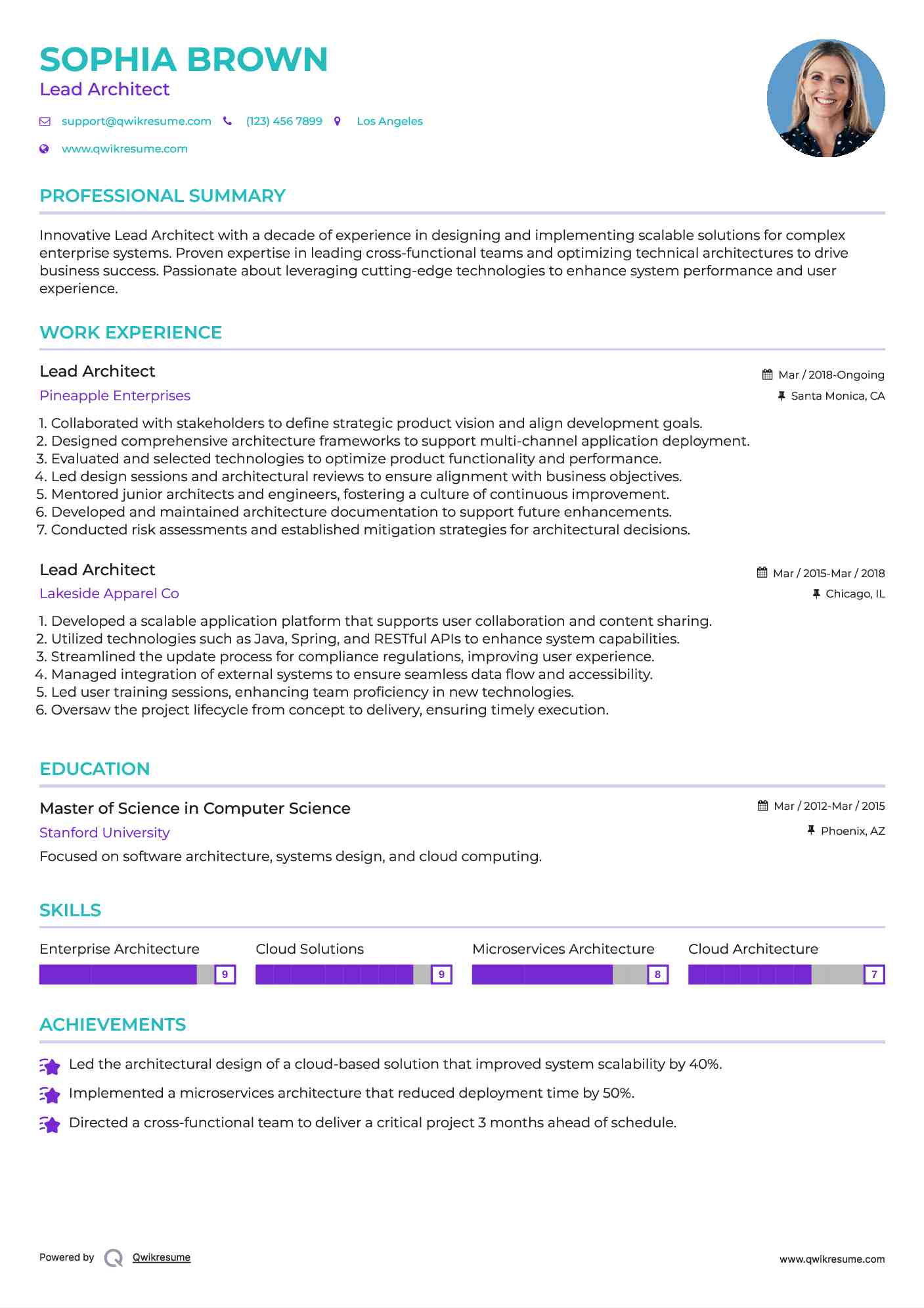 Lead Architect Resume Example