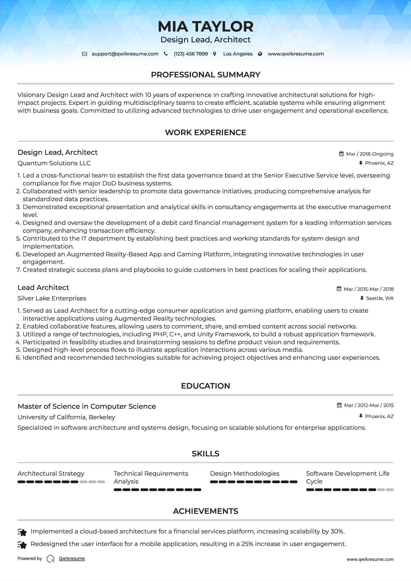 Design Lead, Architect
 Resume Sample