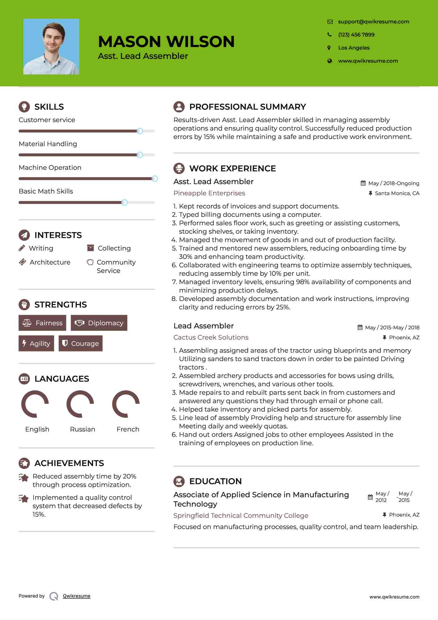 Asst. Lead Assembler Resume Sample