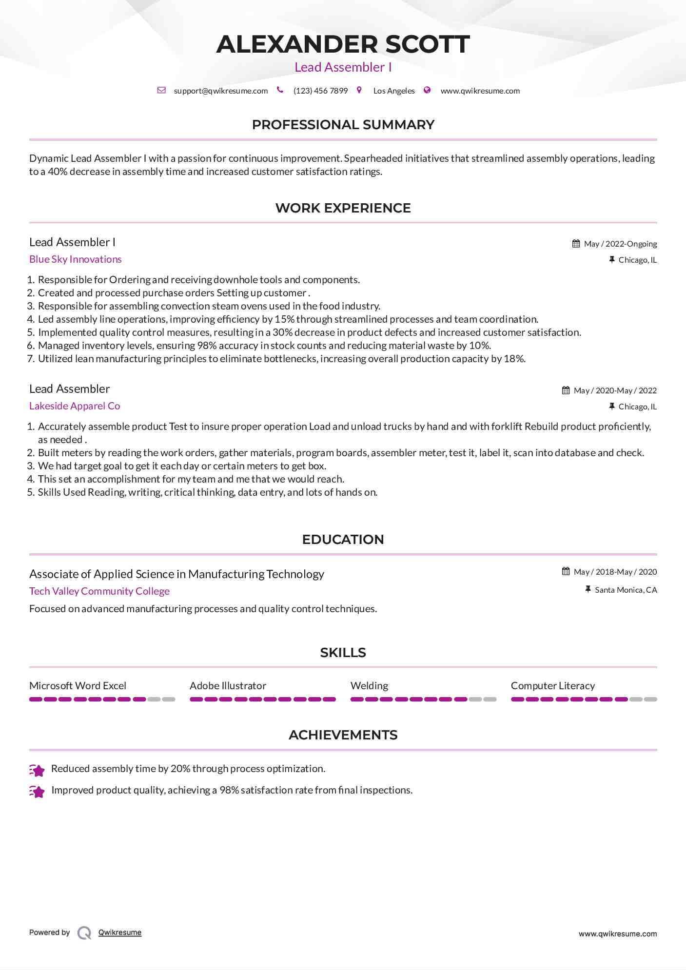 Lead Assembler I Resume Template