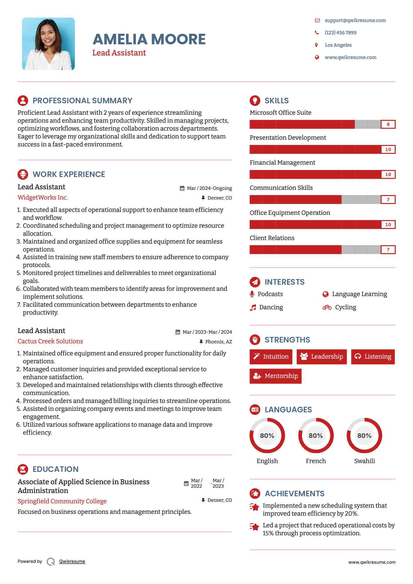 Lead Assistant Resume Model