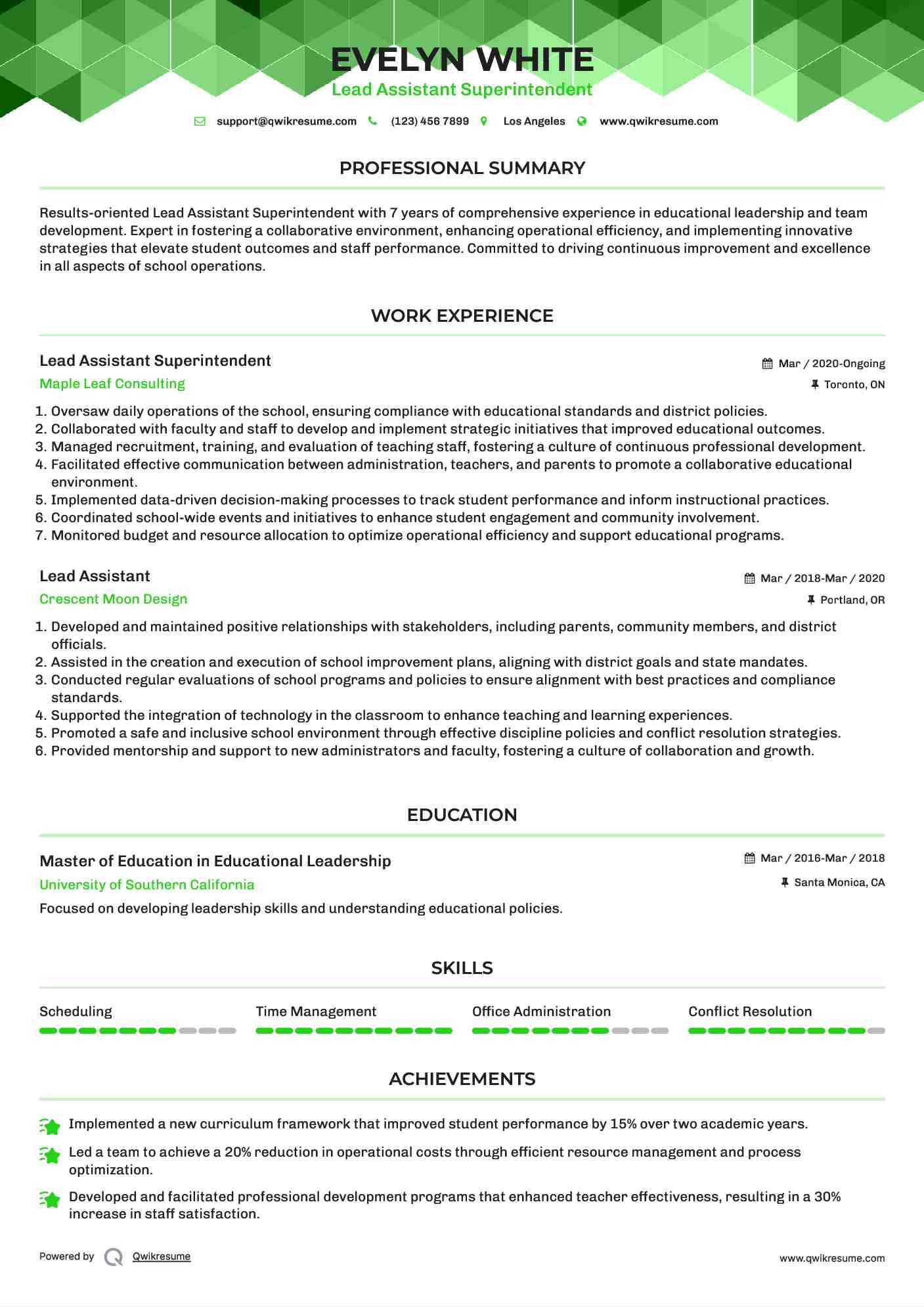 Lead Assistant Superintendent
 Resume Sample