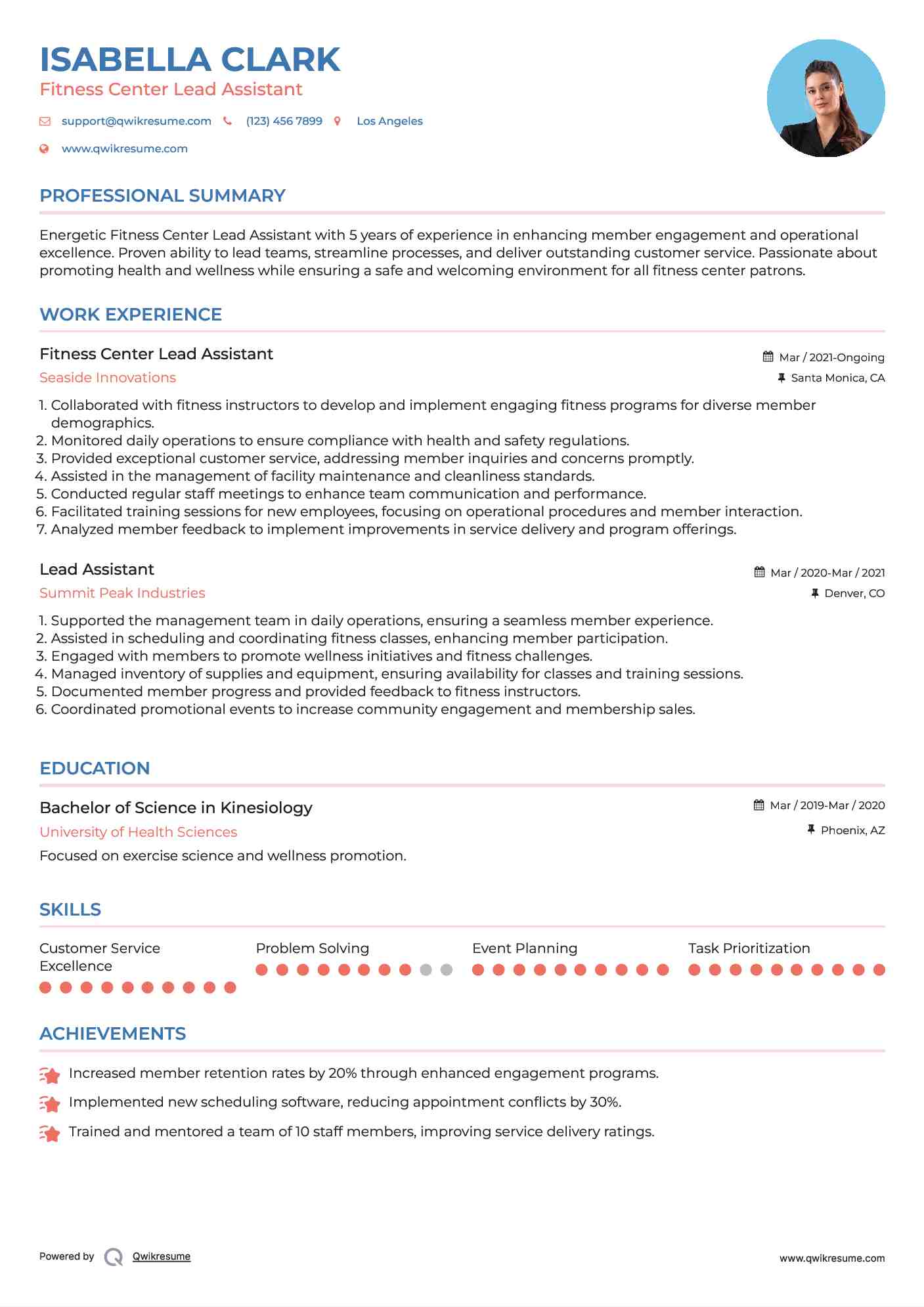 Fitness Center Lead Assistant
 Resume Format