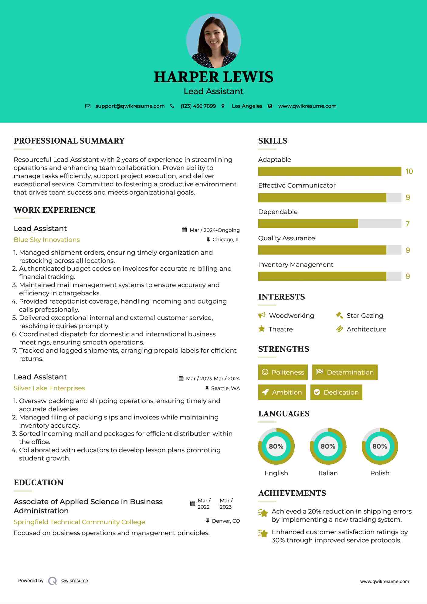 Lead Assistant Resume Template