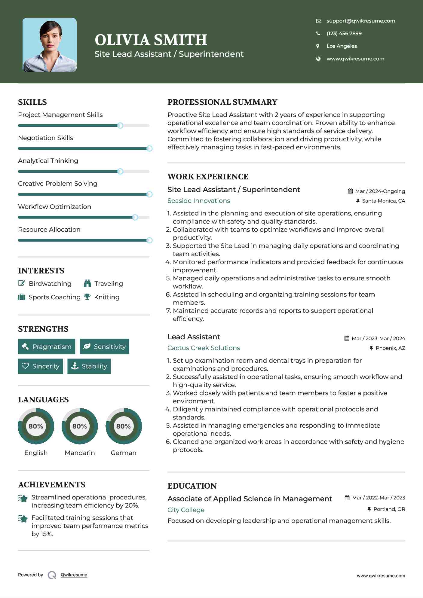 Site Lead Assistant / Superintendent
 Resume Sample