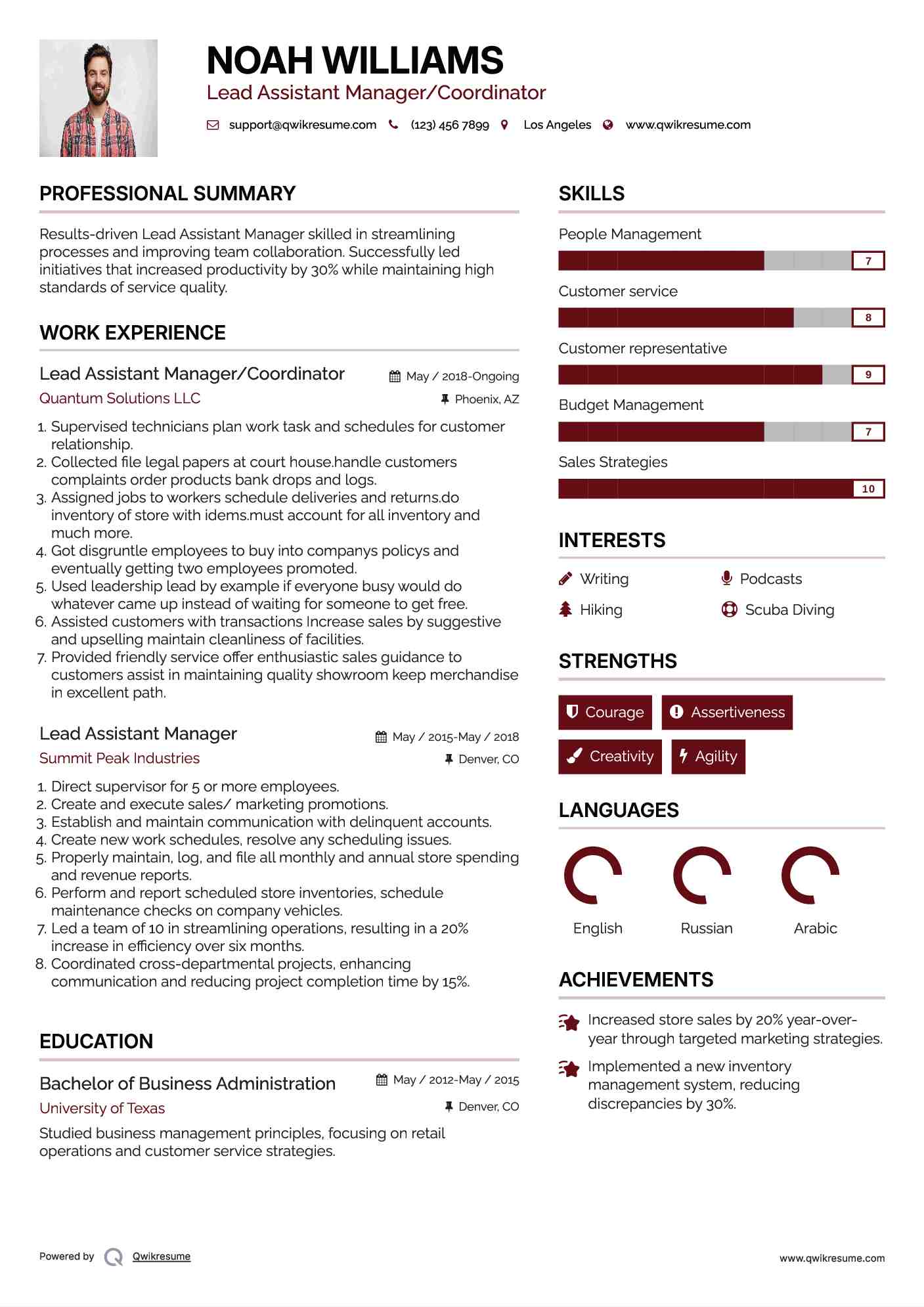 Lead Assistant Manager/Coordinator Resume Sample