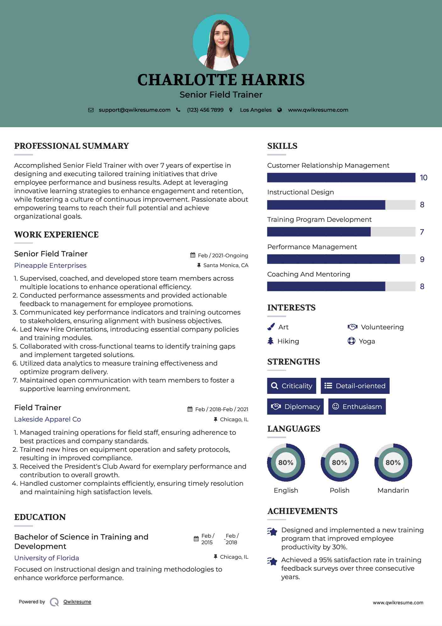 Senior Field Trainer Resume Sample