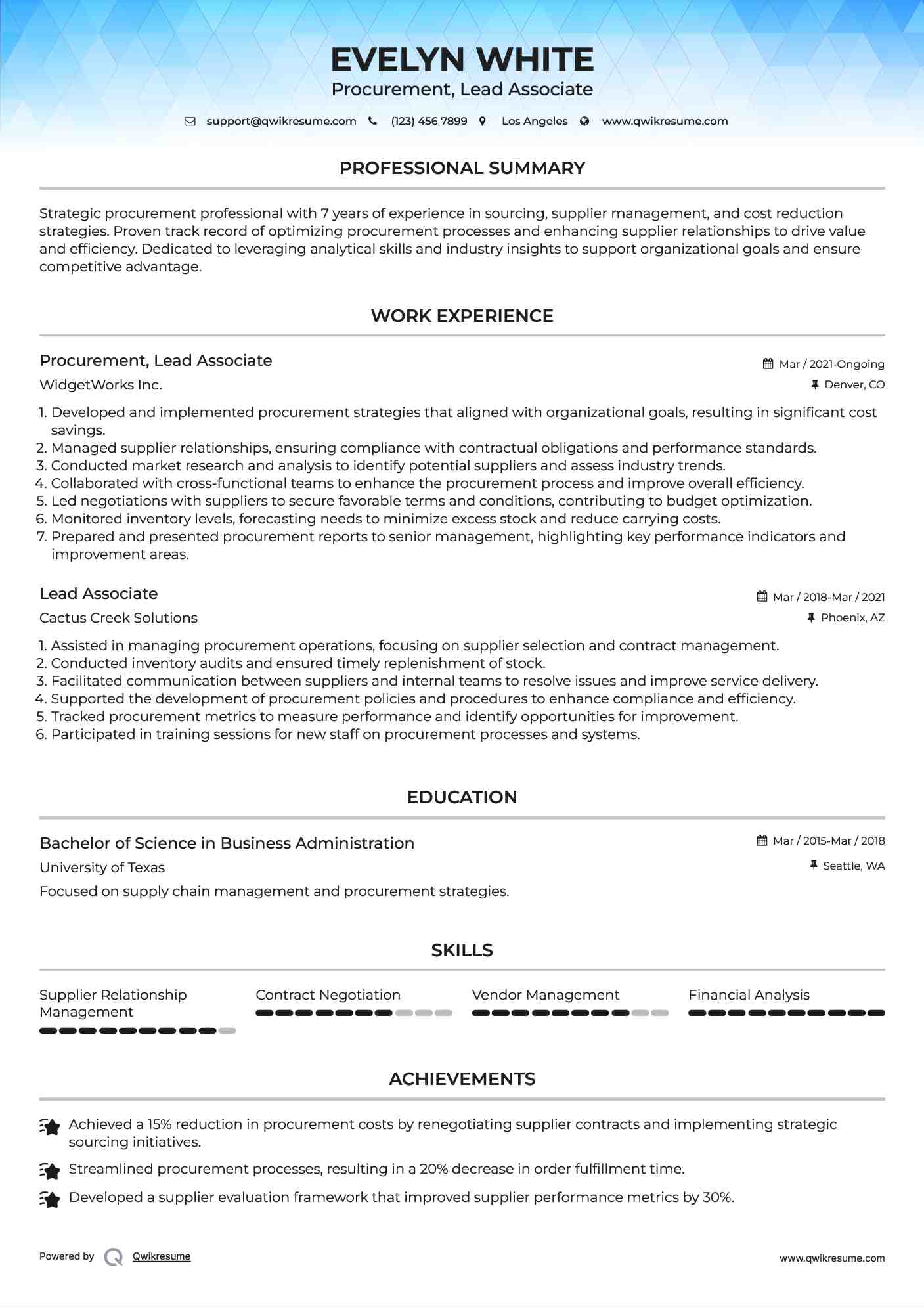 Procurement, Lead Associate
 Resume Template