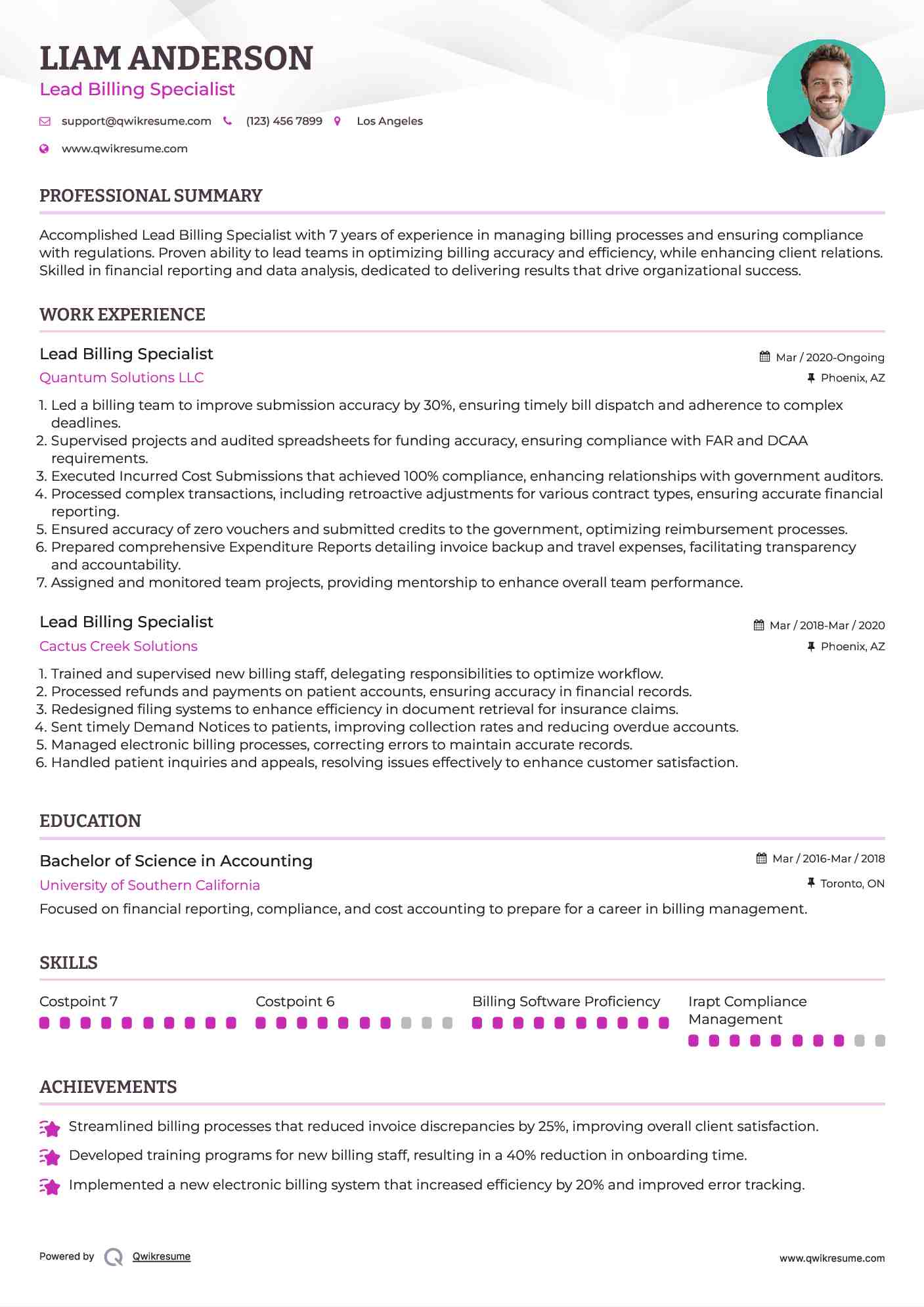 Lead Billing Specialist Resume Sample