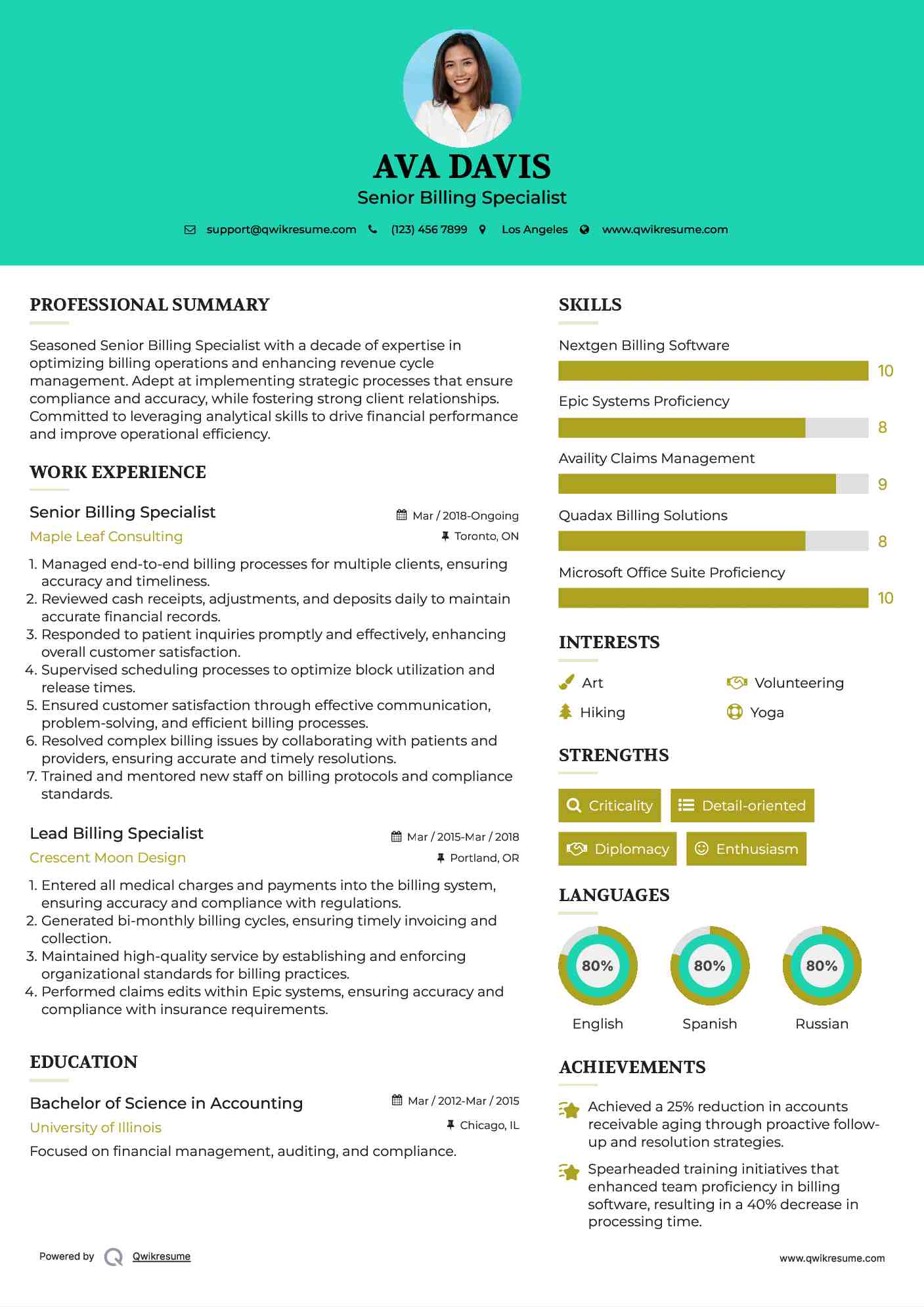 Senior Billing Specialist Resume Model