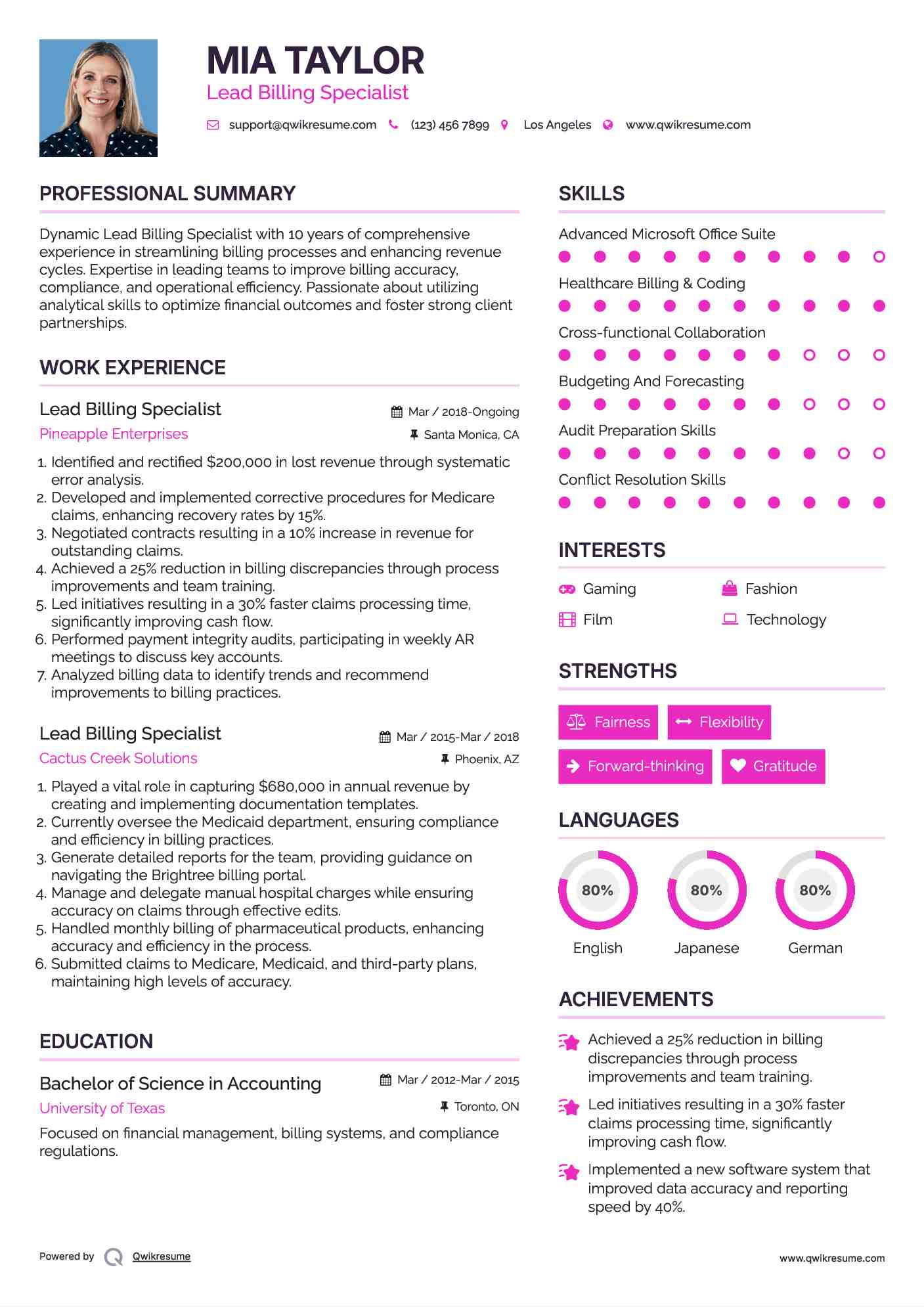Lead Billing Specialist Resume Format