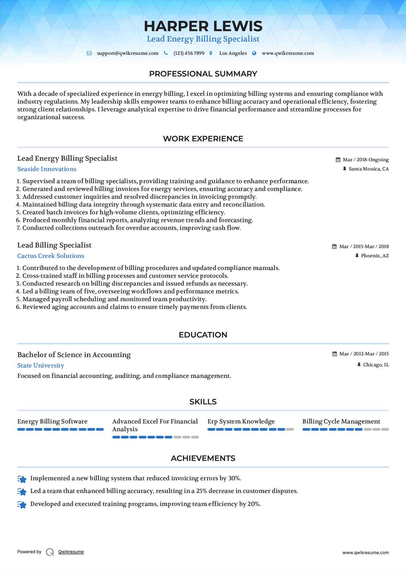 Lead Energy Billing Specialist
 Resume Template