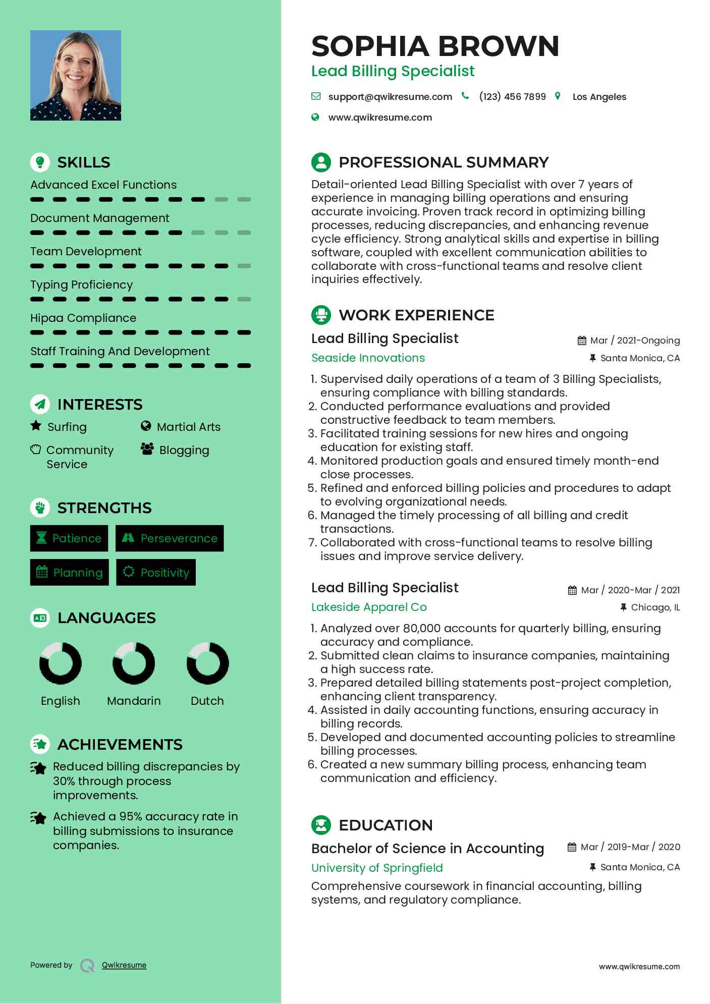 Lead Billing Specialist Resume Template