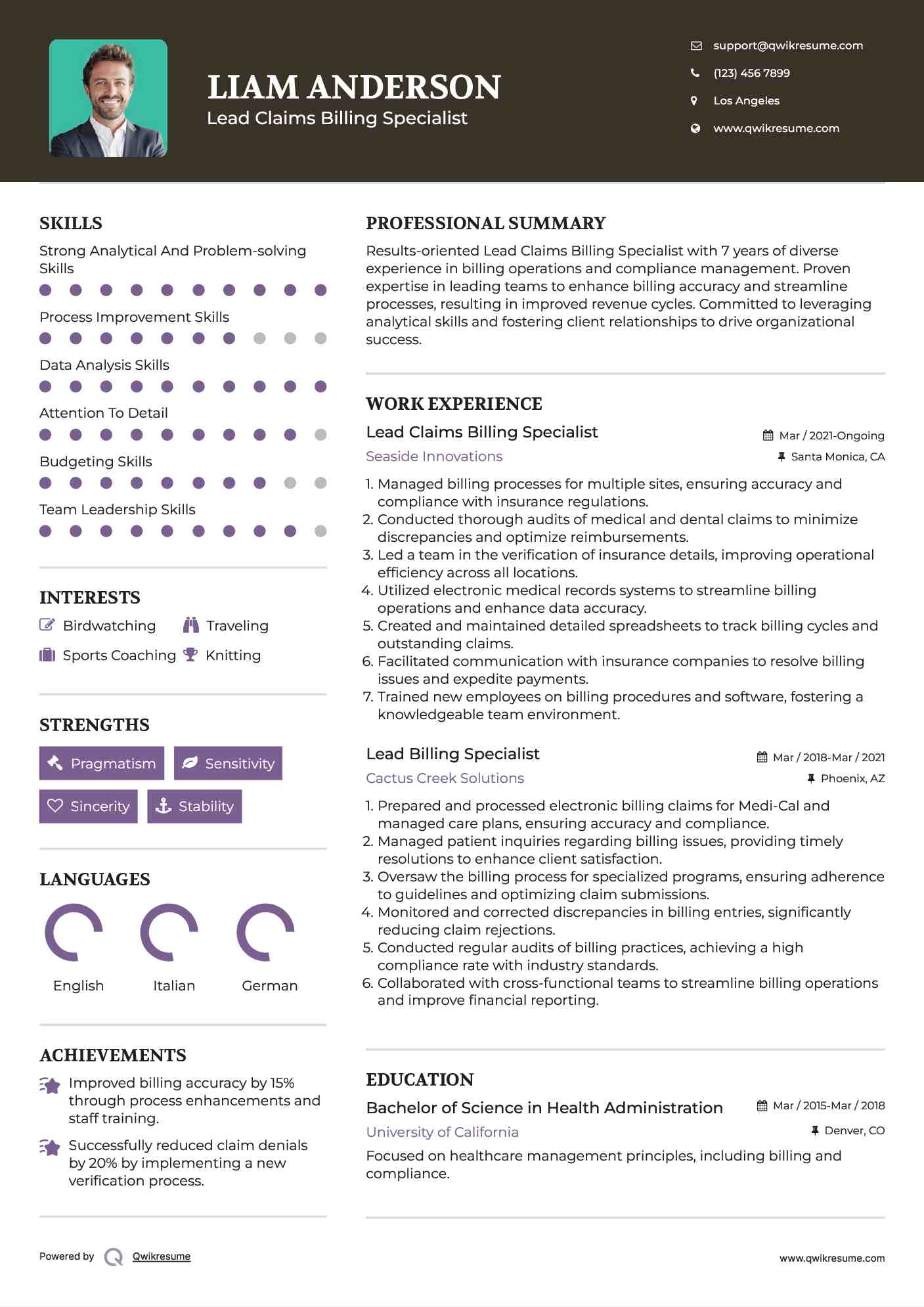 Lead Claims Billing Specialist
 Resume Model