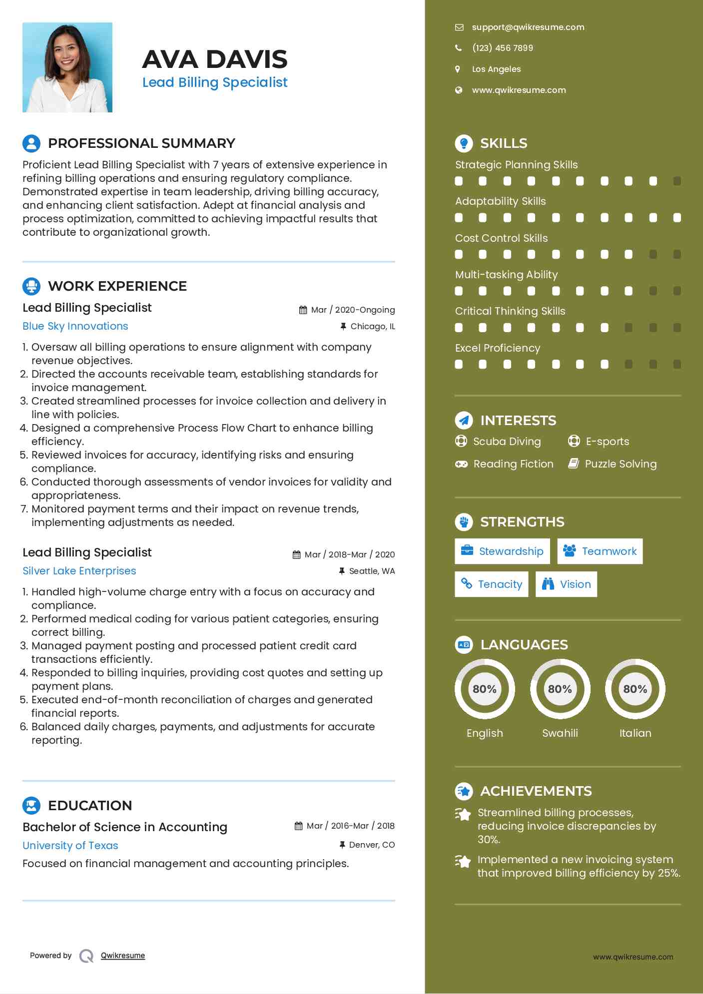 Lead Billing Specialist Resume Sample