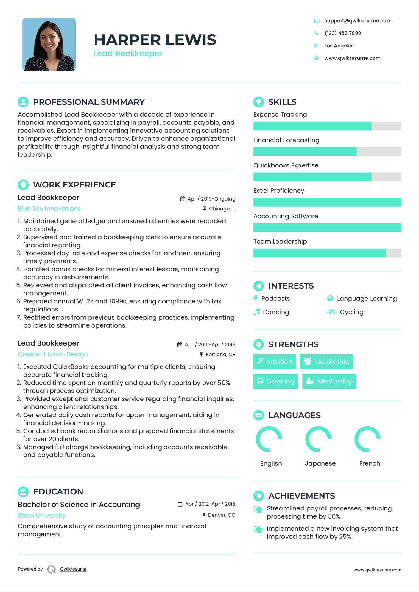 Lead Bookkeeper Resume Model