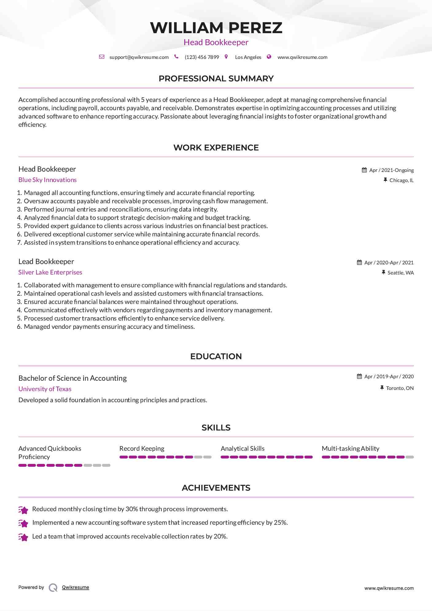 Head Bookkeeper Resume Model