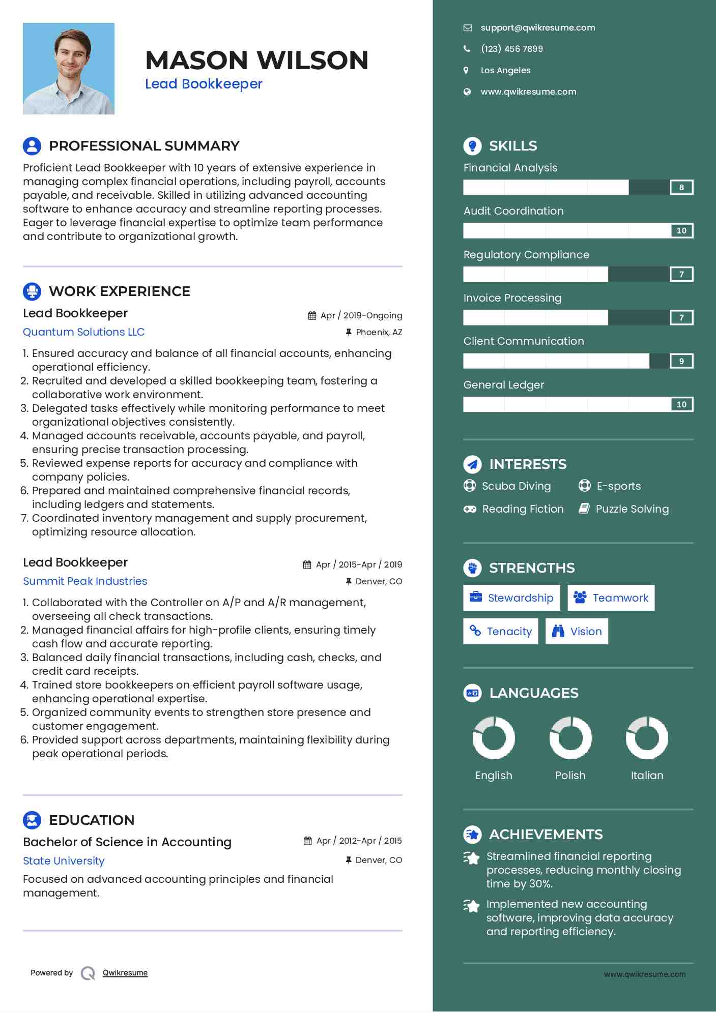 Lead Bookkeeper Resume Model