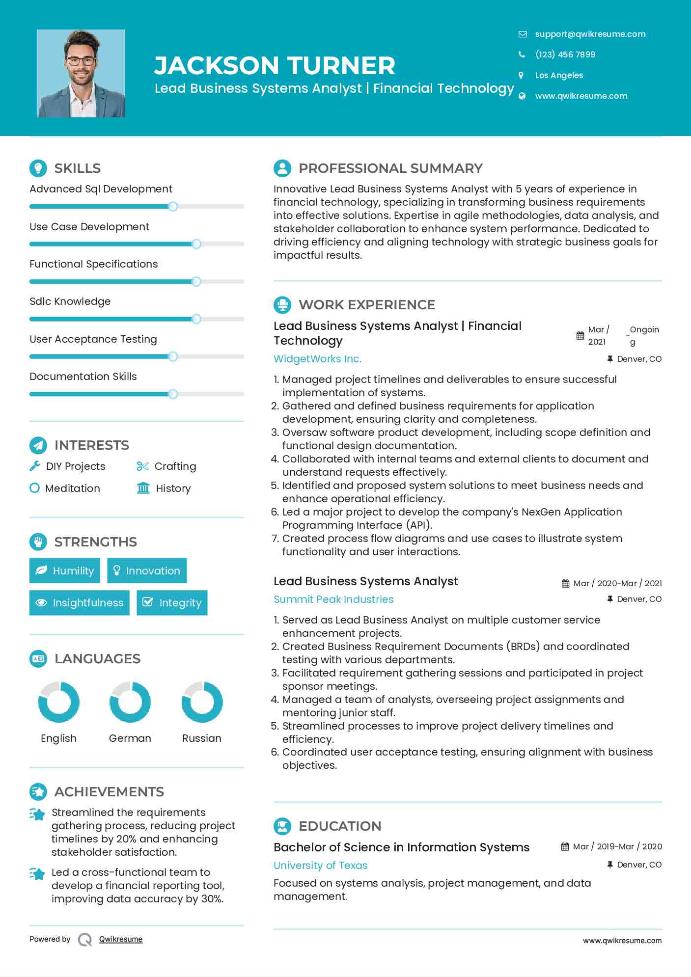 Lead Business Systems Analyst | Financial Technology
 Resume Example