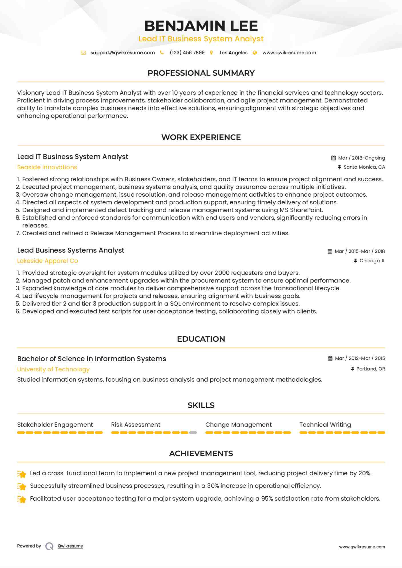 
Lead IT Business System Analyst Resume Format