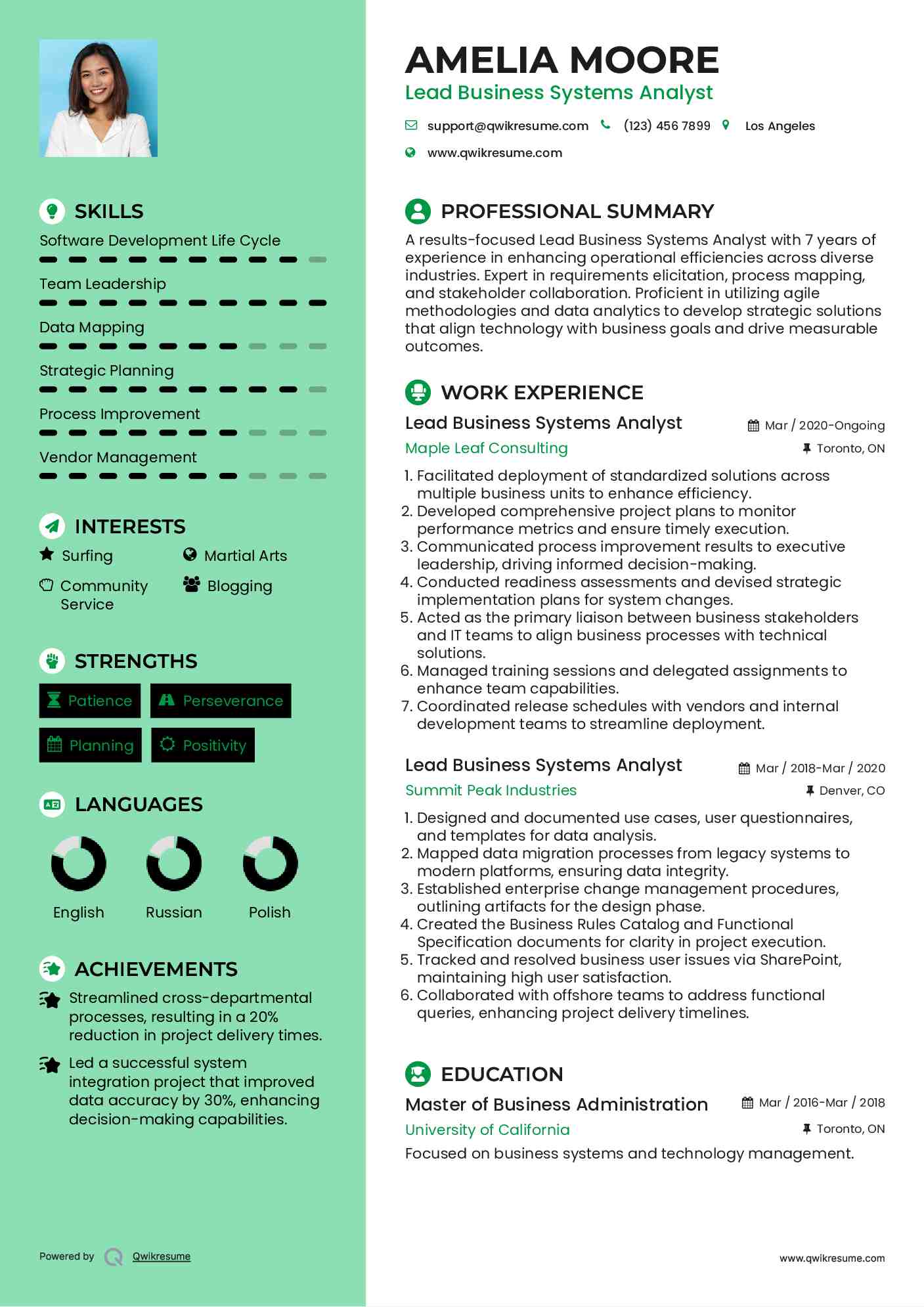 Lead Business Systems Analyst Resume Sample