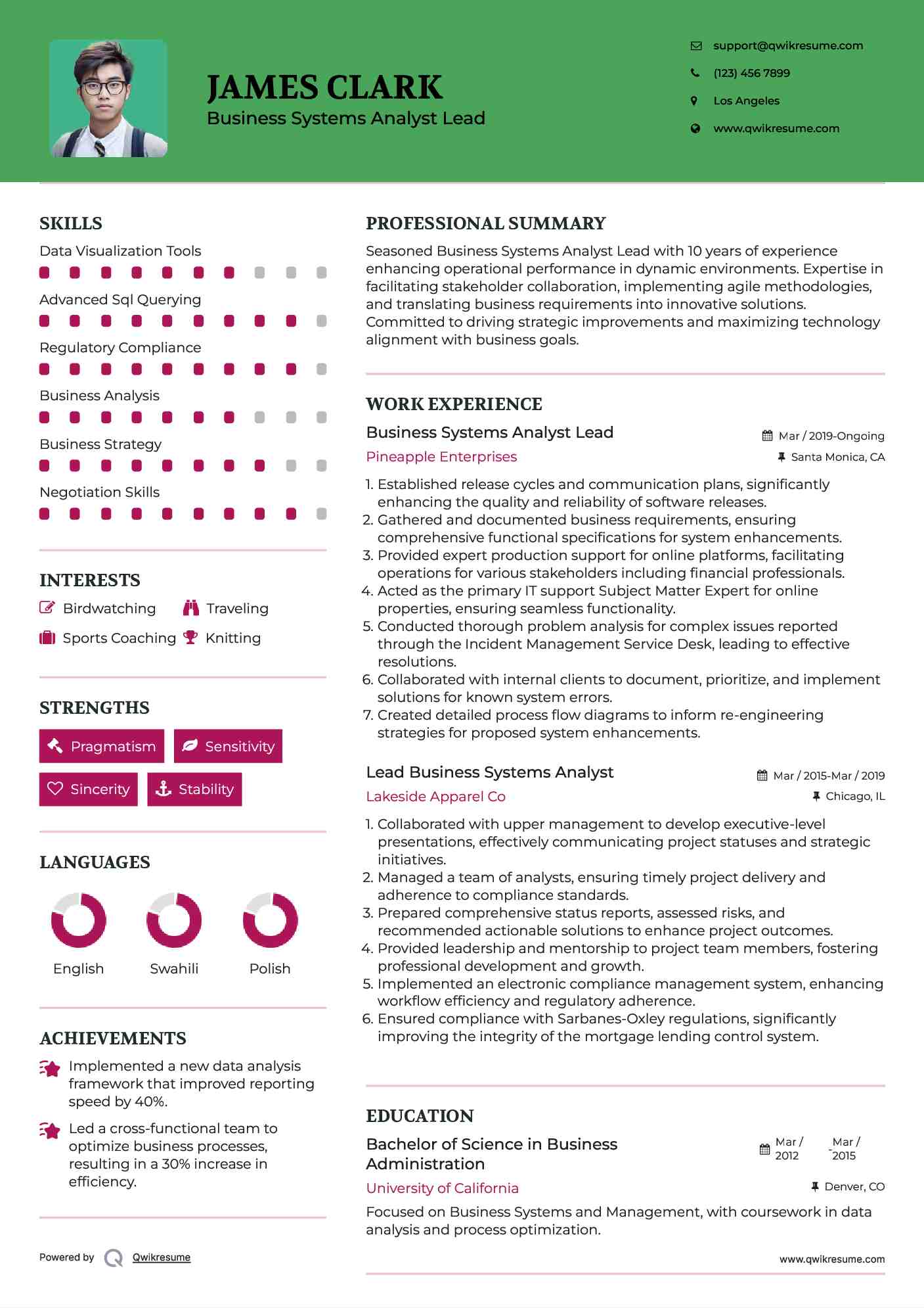 Business Systems Analyst Lead
 Resume Format