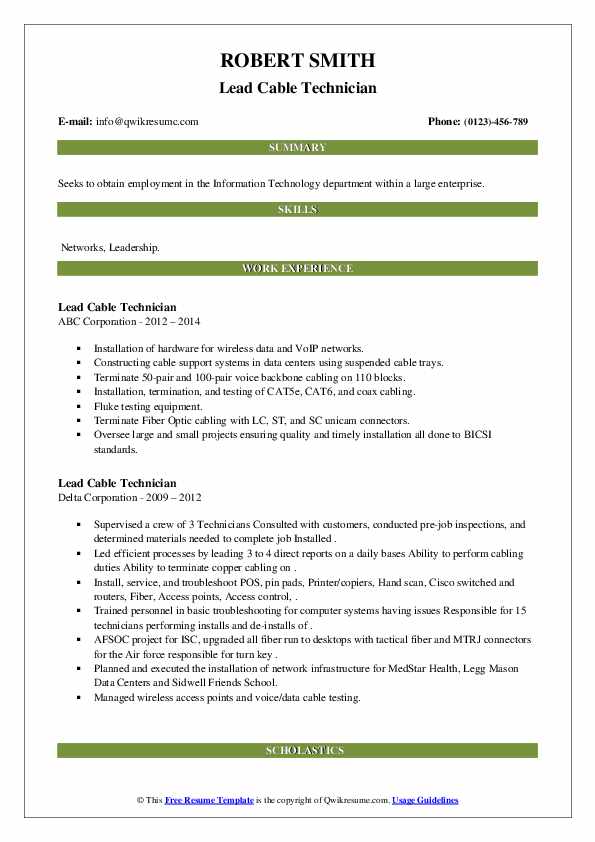 Lead Cable Technician Resume Samples QwikResume