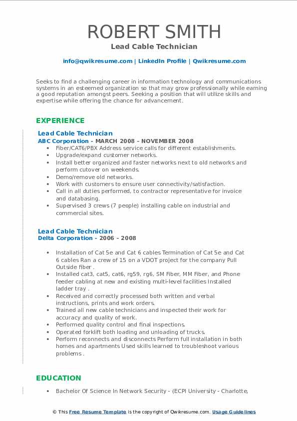 Lead Cable Technician Resume Samples - Lead Cable Technician 1635665445 Pdf 