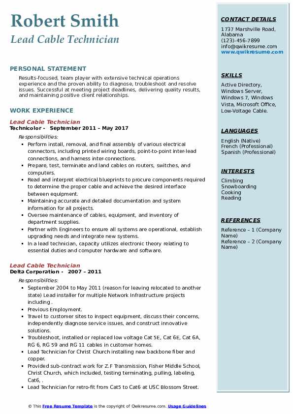 Lead Cable Technician Resume Samples - Lead Cable Technician 1635665467 Pdf 