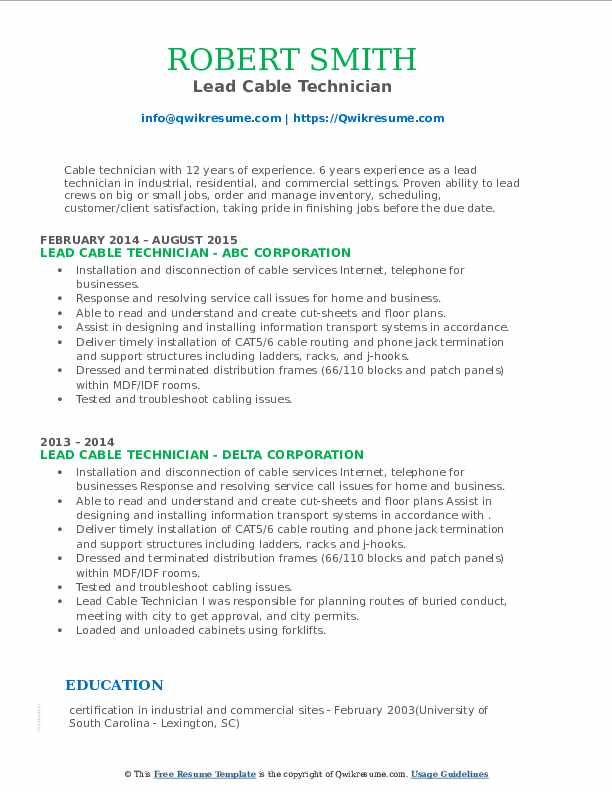Lead Cable Technician Resume Samples QwikResume