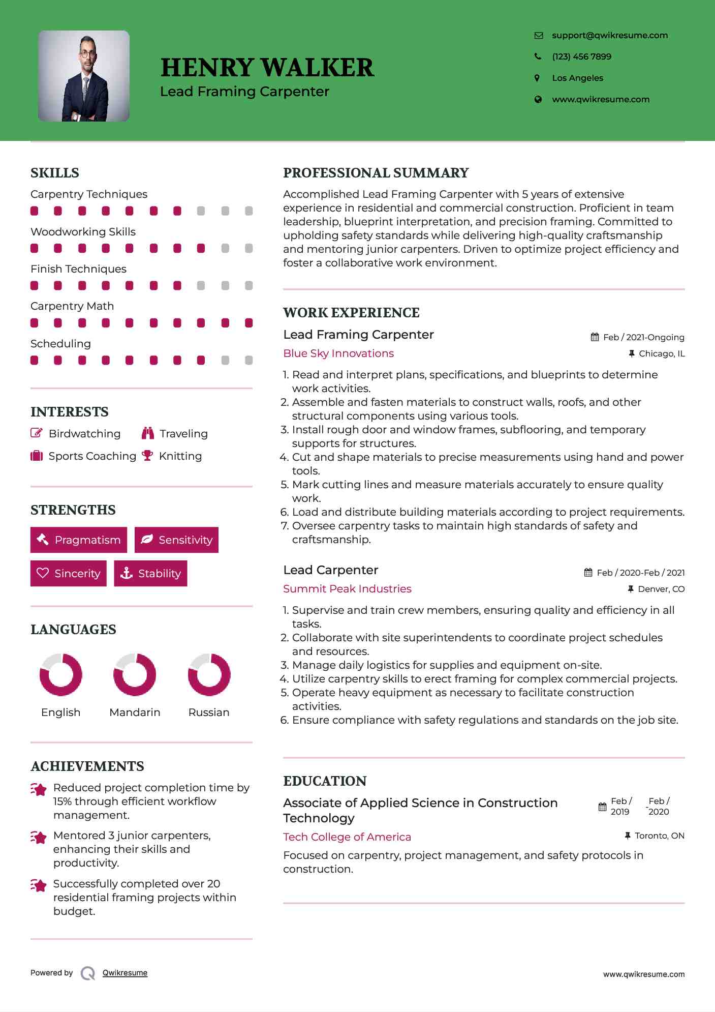 Lead Framing Carpenter Resume Model