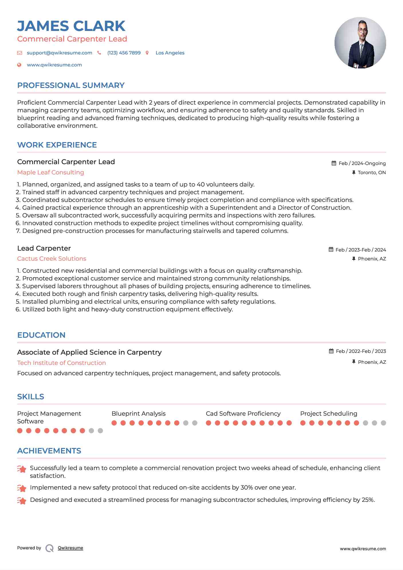 Commercial Carpenter Lead Resume Template