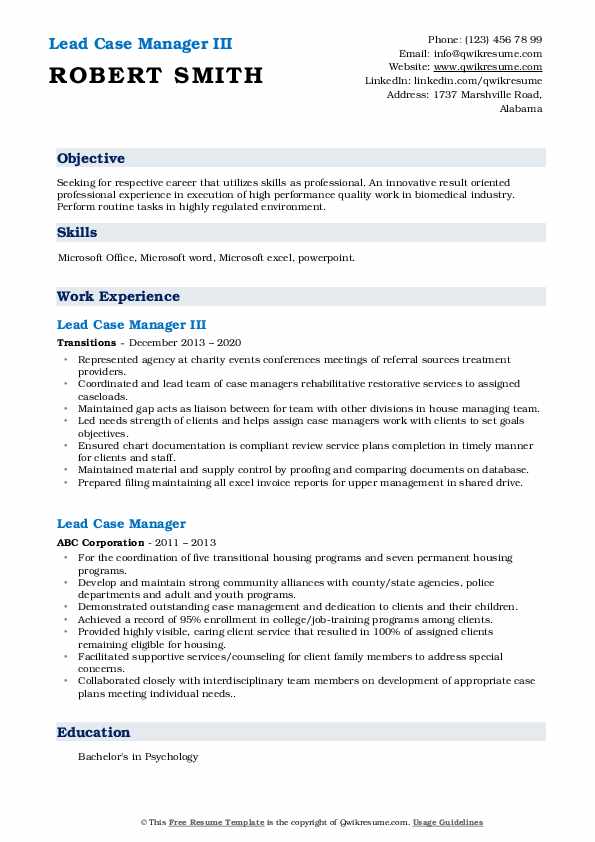 Lead Case Manager Resume Samples QwikResume