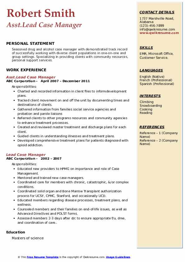 Lead Case Manager Resume Samples QwikResume