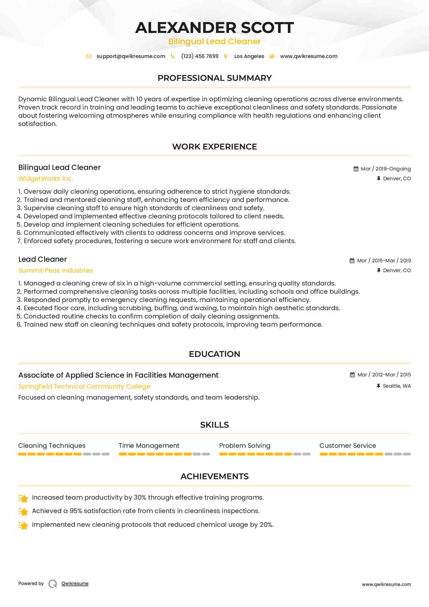 Bilingual Lead Cleaner
 Resume Format