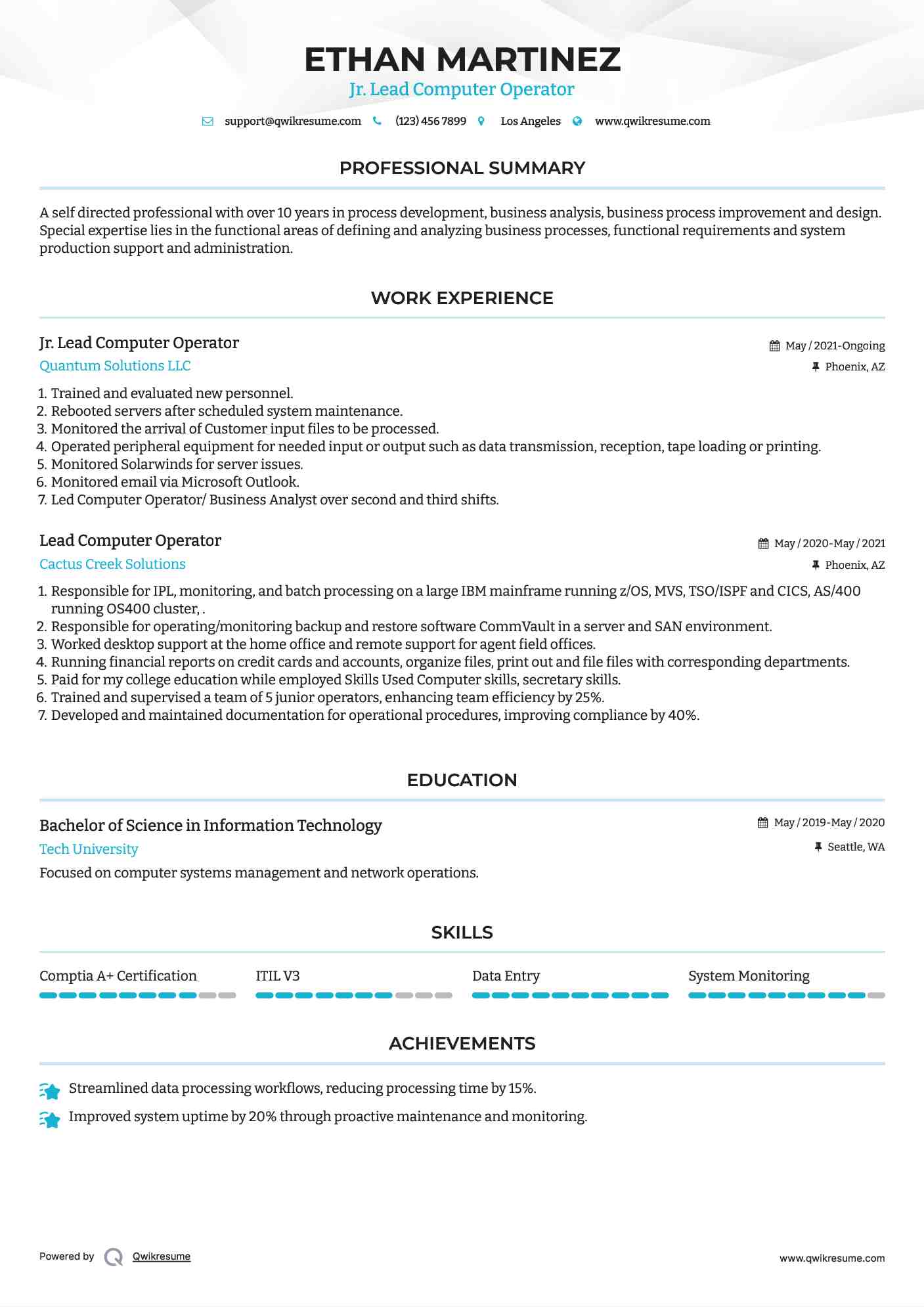 Jr. Lead Computer Operator Resume Format