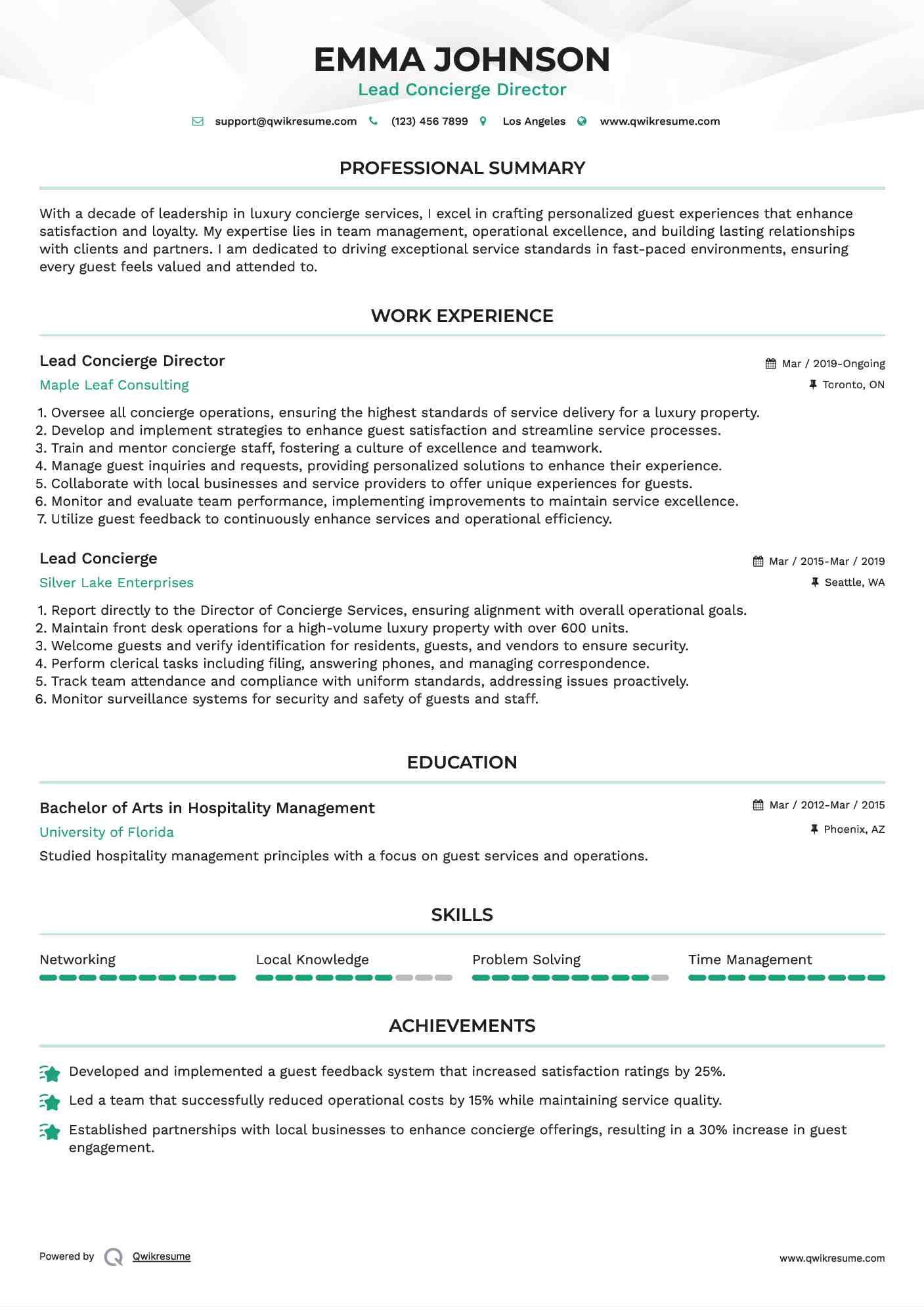 Lead Concierge Director Resume Model