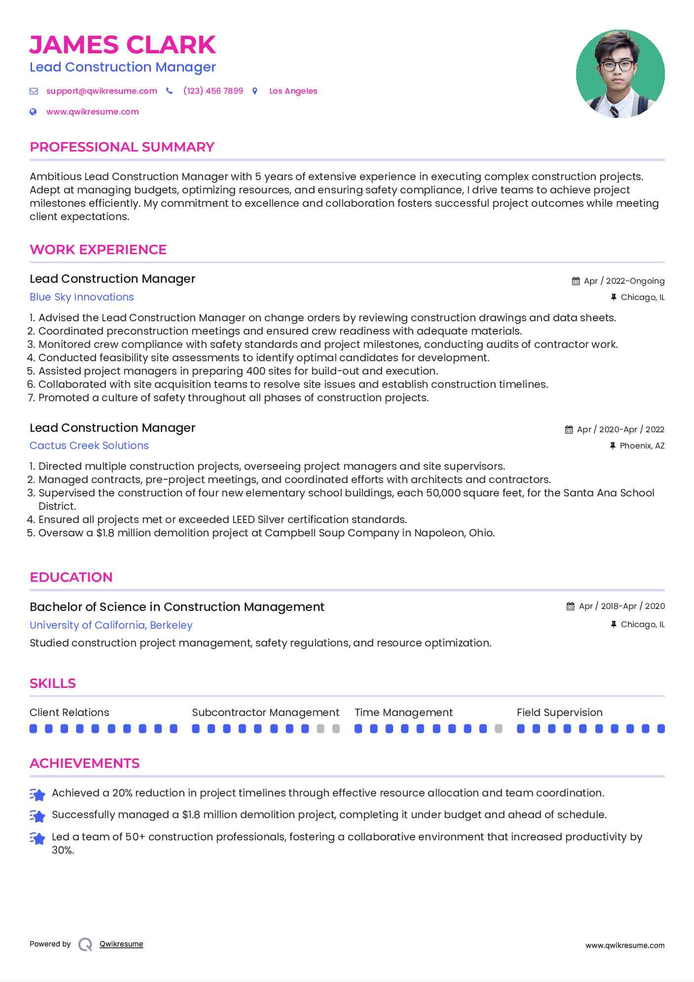Lead Construction Manager Resume Sample