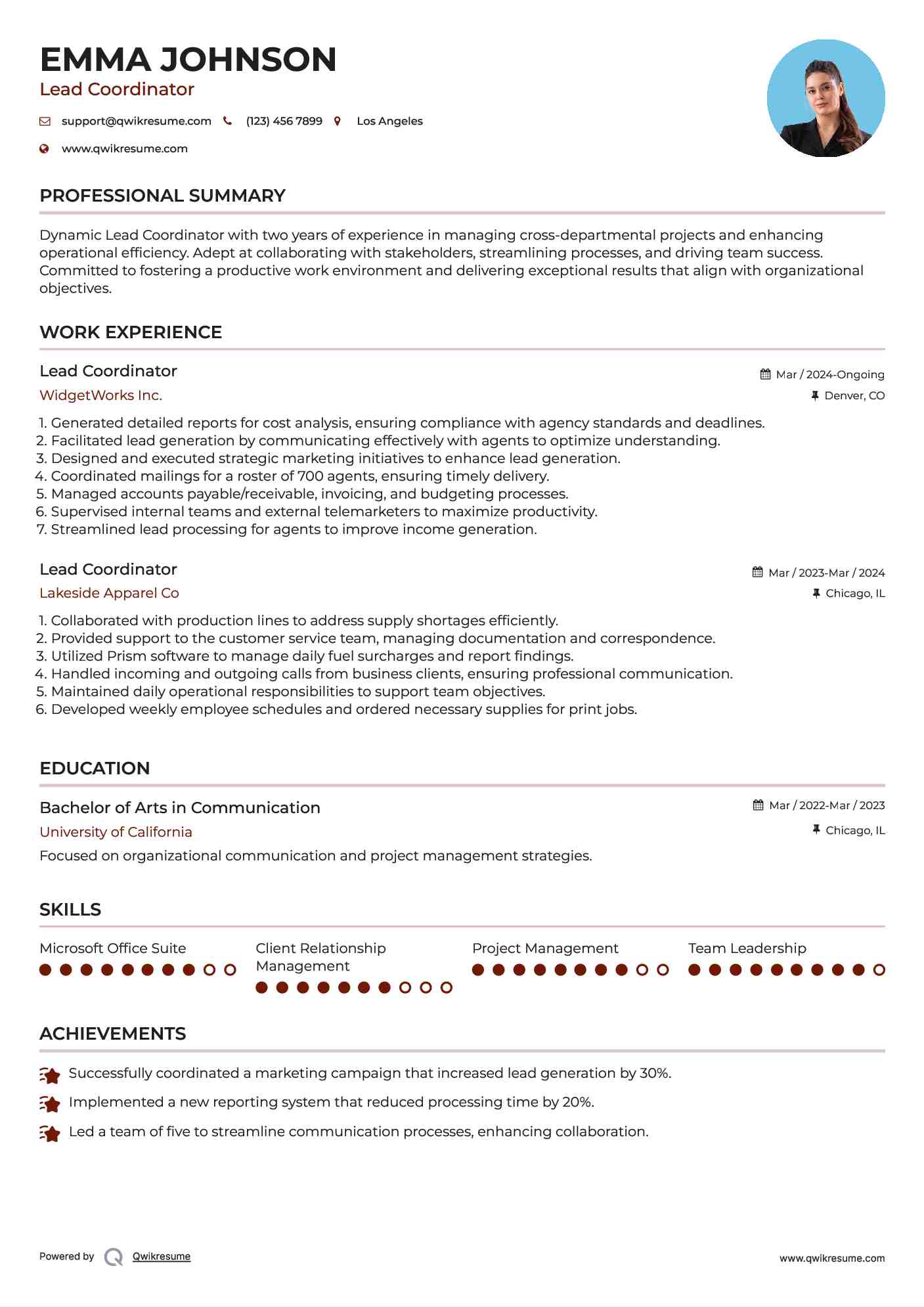 Lead Coordinator Resume Sample