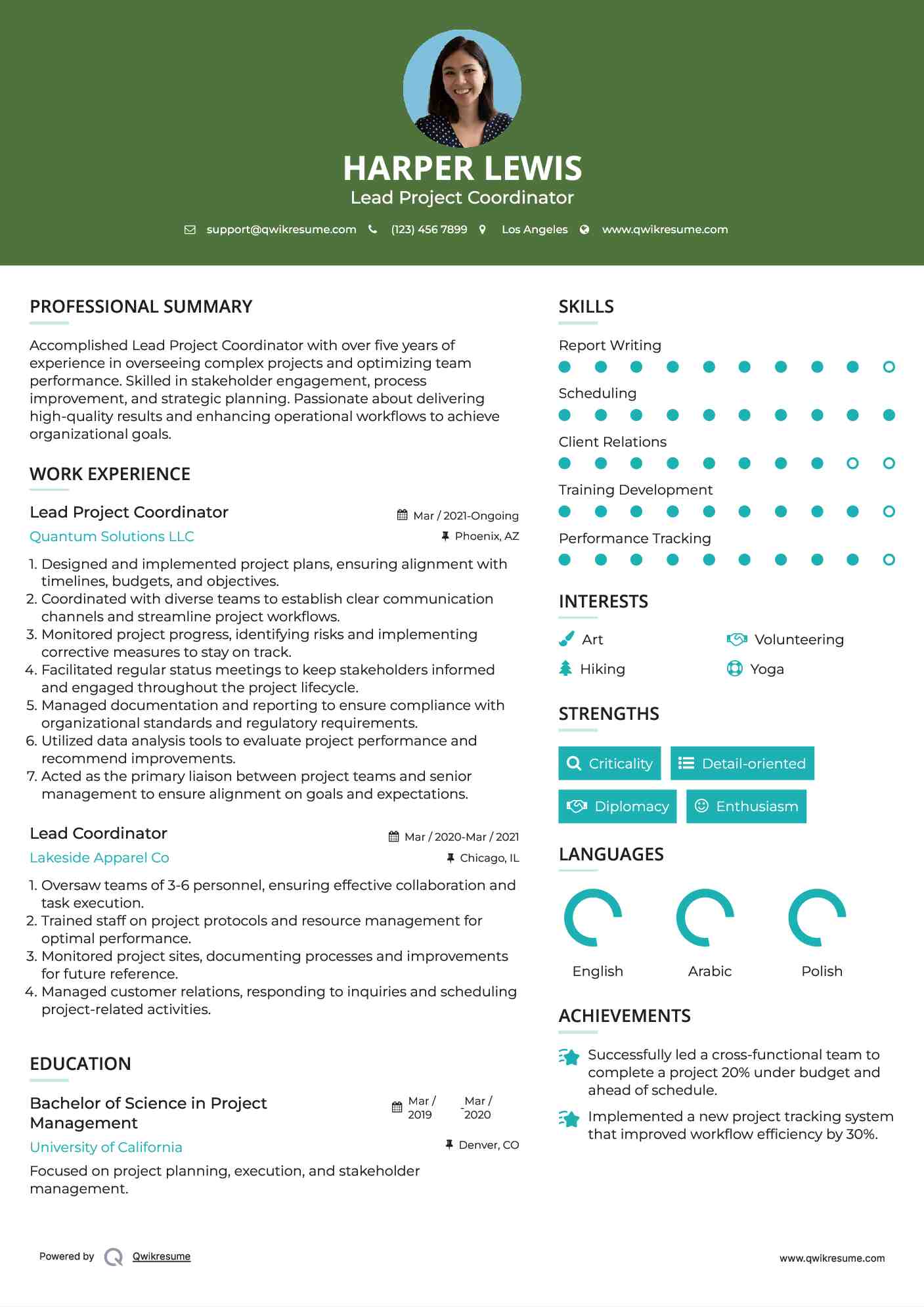 Lead Project Coordinator Resume Model