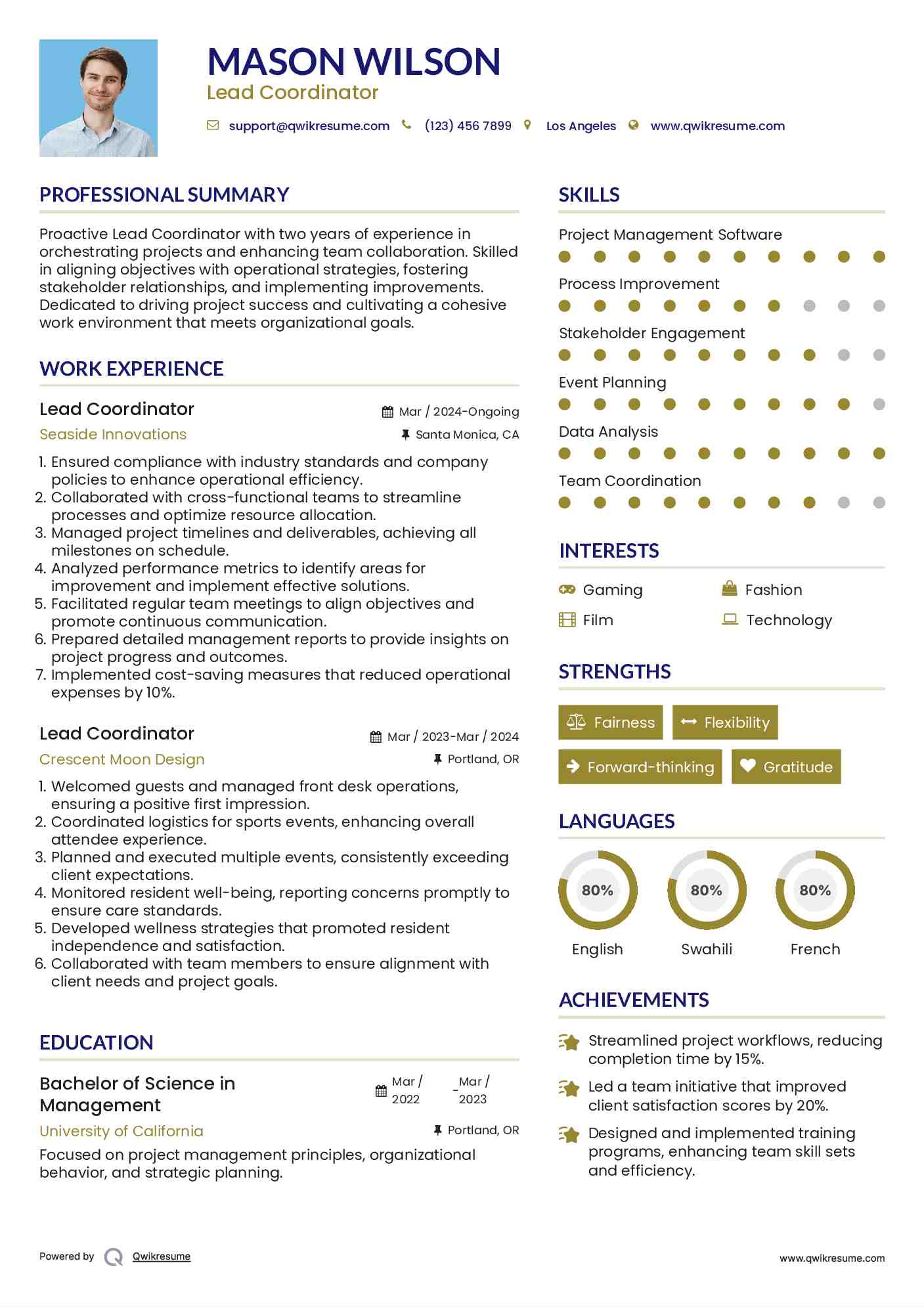 Lead Coordinator Resume Format