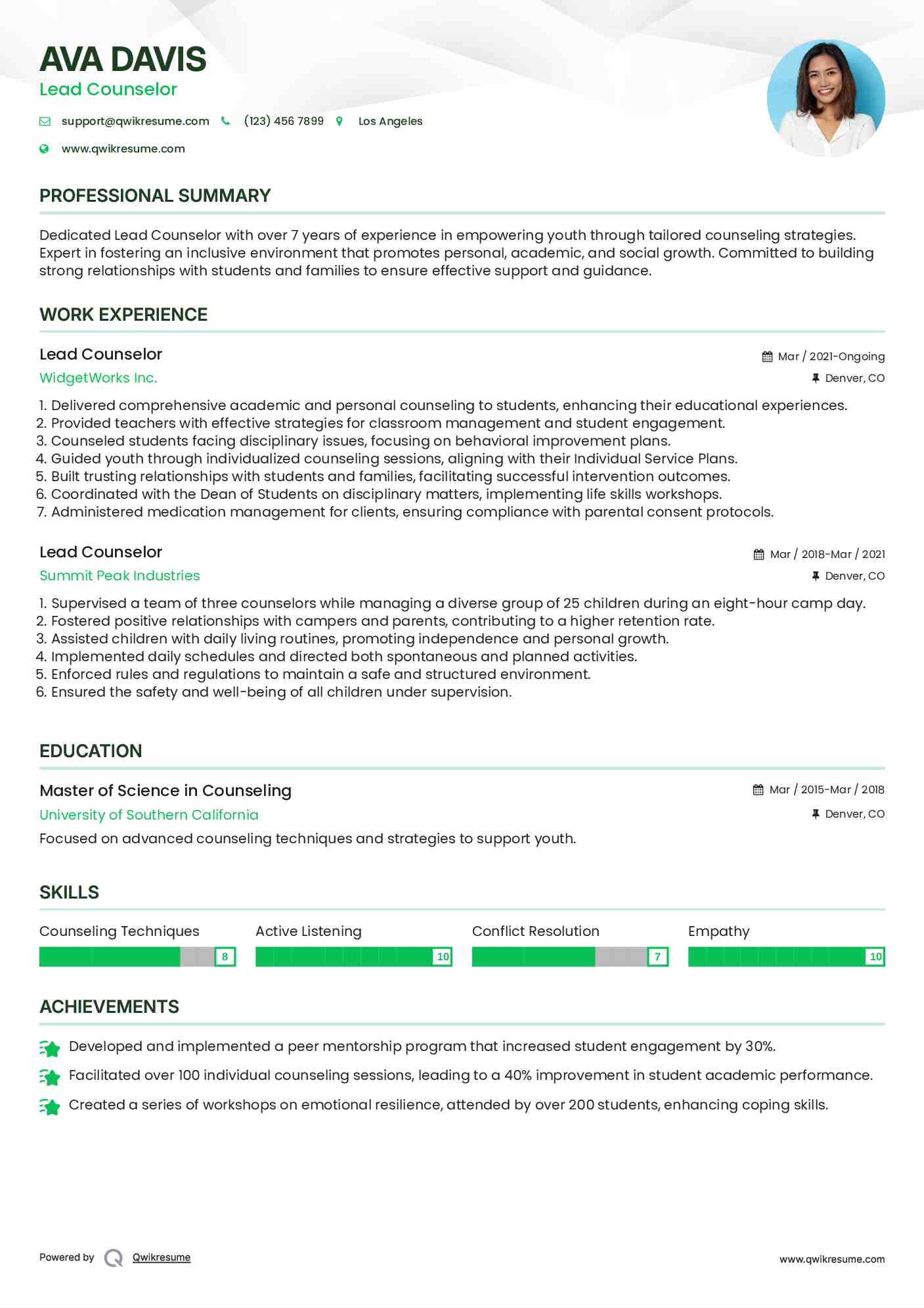 Lead Counselor Resume Sample
