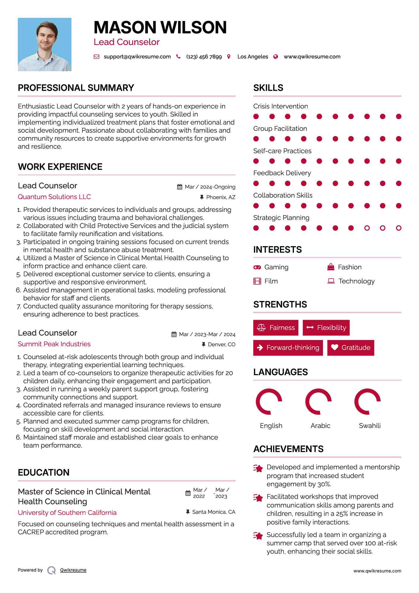 Lead Counselor Resume Template