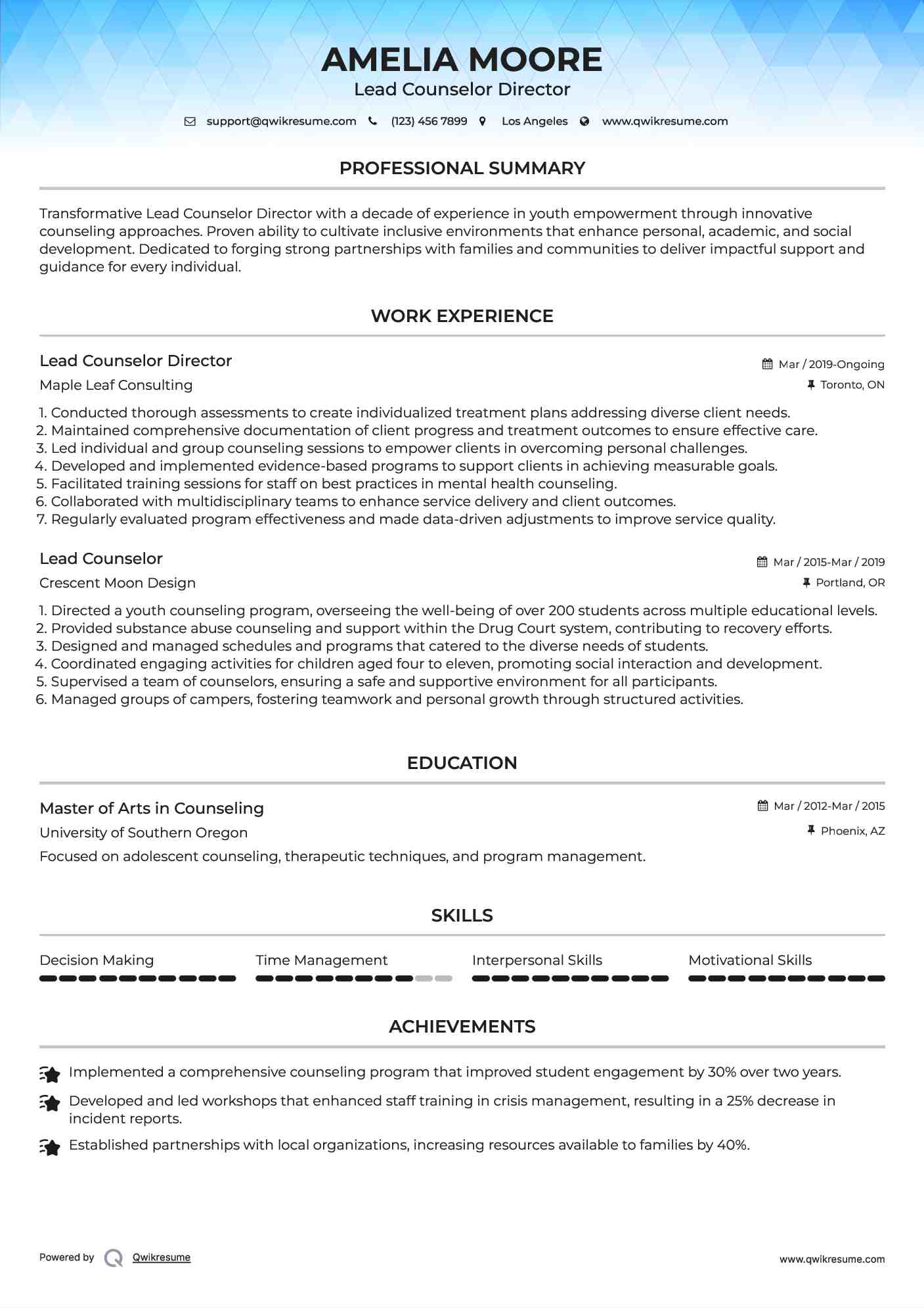 Lead Counselor Director Resume Example