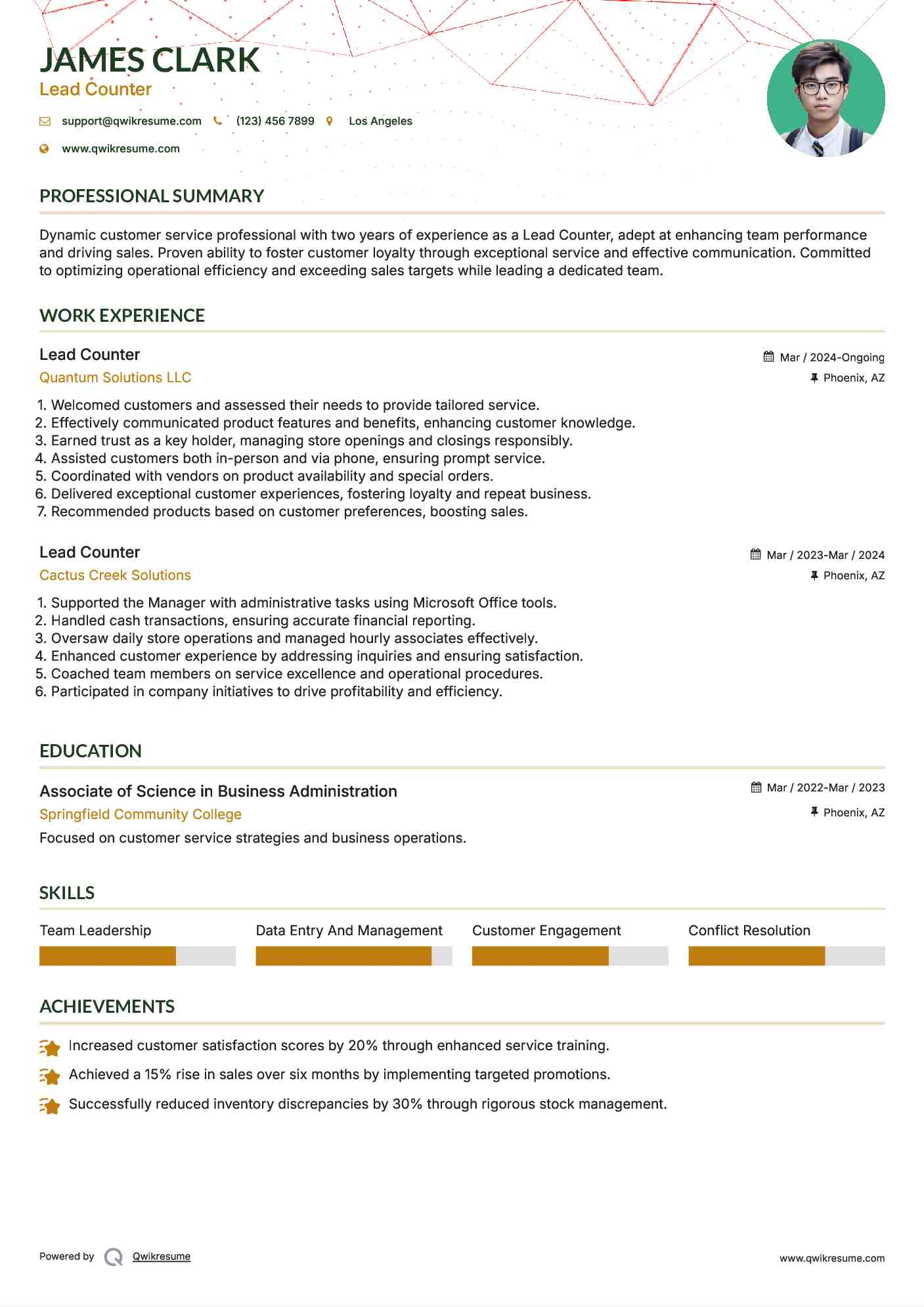 Lead Counter Resume Sample