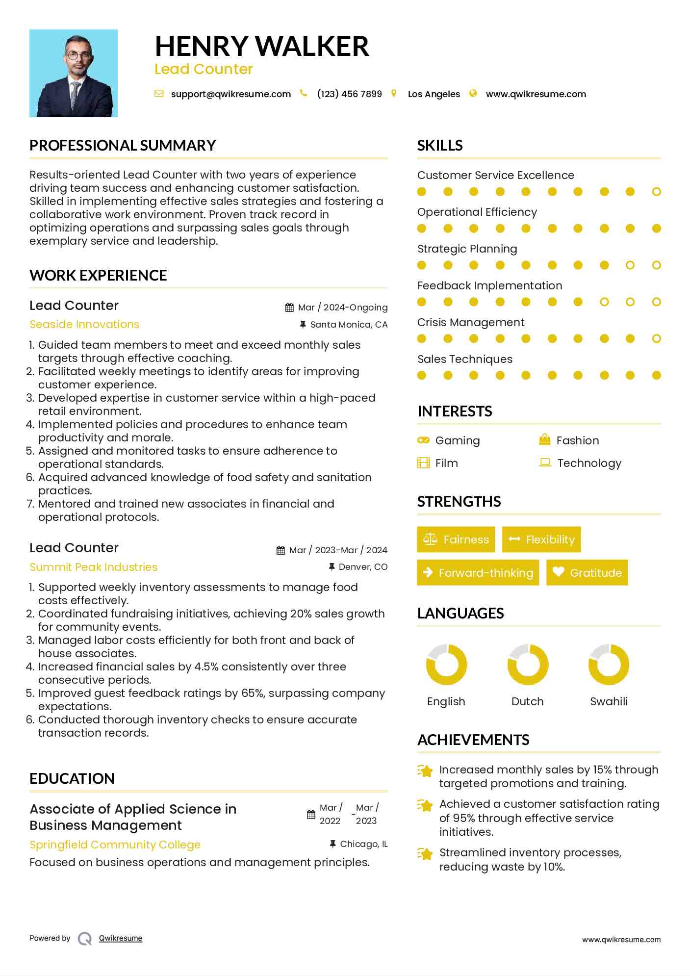 Lead Counter Resume Format